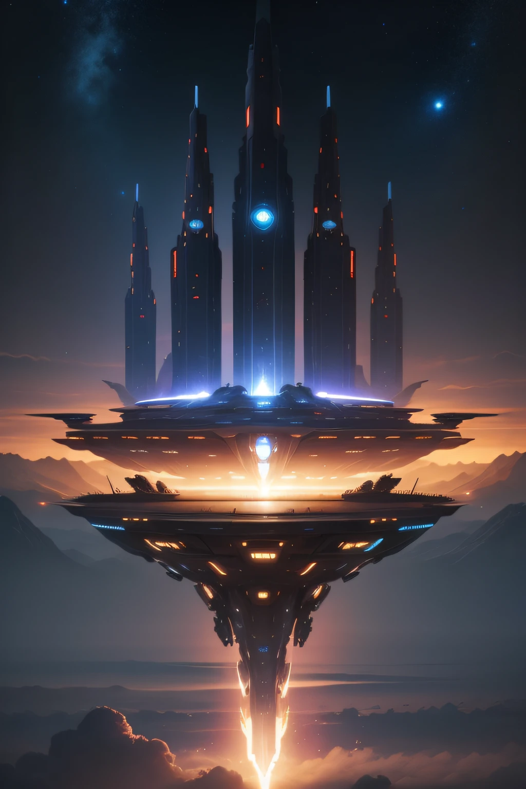 Fantasy Technology Future Technology Dream City,Spaceships fly in the sky,Mothership crossing,Starship details,star war,Metallic surface glossy details:1.6,Colorful,Kizi,A high resolution