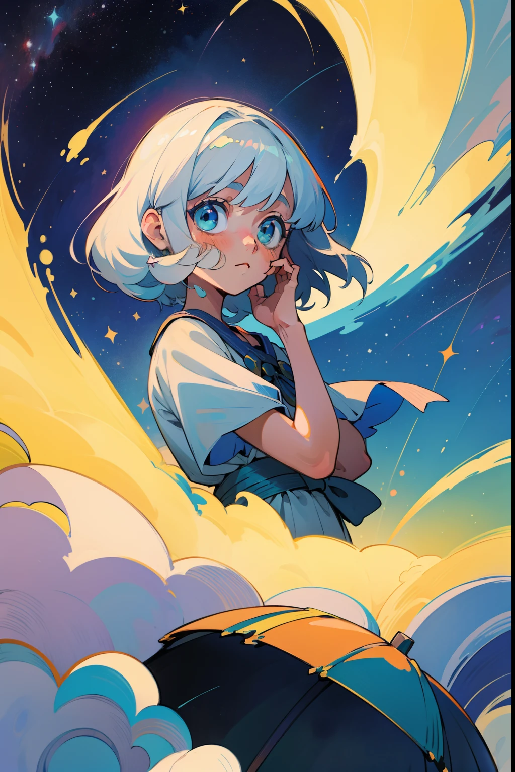 (melhor qualidade, obra-prima), 1 anime girl, Anime girl in a white dress floating in starry space, anime moe artstyle, illustration Anime style, Arte Oficial, Fubuki, retro anime girl, estilo anime 4K, Digital anime illustration, arte digital estilo anime, Loli, retrato estilo anime, fundo quadriculado escuro simples, olhando para o espectador, cabelo branco, olhos laranjas.