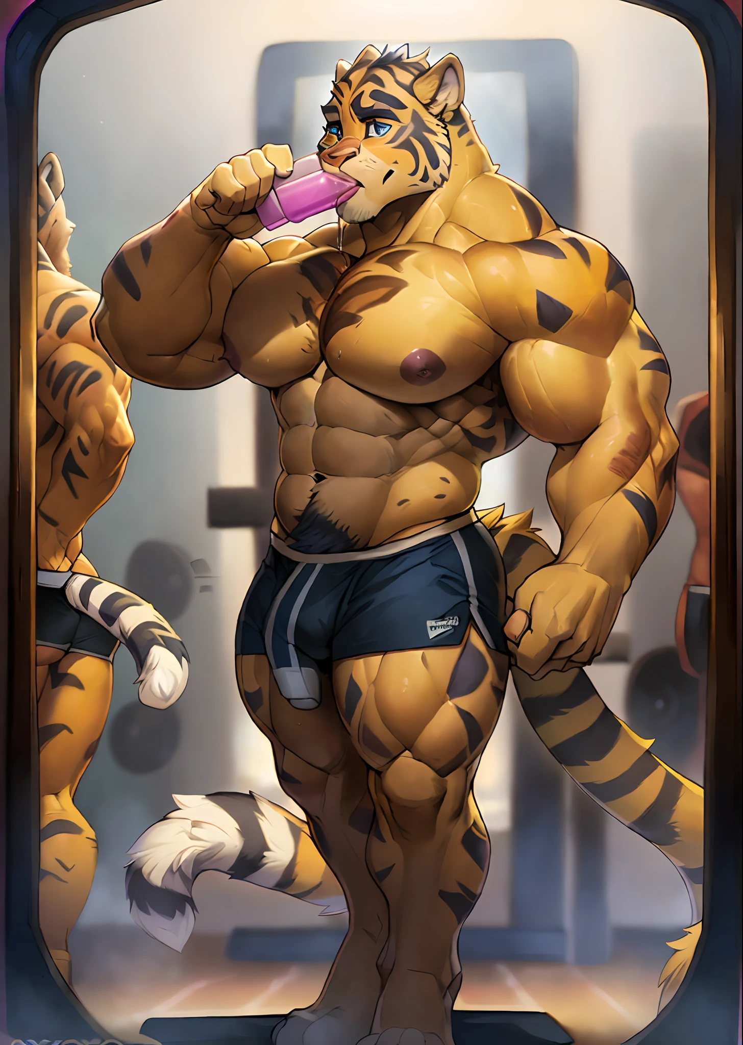 uploaded in e621, ((by Wildering, by Foxovh, by Disney)), Zootopia, solo ((Clawhauser))) with ((neck tuft)) and ((fluffy leopard tail) and ((light navy blue eyes)), ((half-length portrait)), (, BREAK, (detailed yellow leopard Clawhauser), (detailed lighting), ((detailed fluffy skin)), BREAK, ((in a gym flexing your muscles)), (cinematic lighting), ((detailed background)), ((depth of field)), (half-length shadow),  (((looking in the mirror, while drinking a protein shake))), (high-angle view), ((three-quarter view)), [backlight], [detailed ambient light], [gray natural lighting], [belly ambient light], [realistic proportions], [explicit content, adult, NSFW], [sharp focus], (questionable content), (shaded), (high resolution), ((masterpiece)) Muscular big body, imposing body, imposing appearance, muscular arms, muscular legs, bara body, trapezoid torso, beefy body, muscular body, defined round beefy pectorals, defined washboard abs,defined arms, defined legs