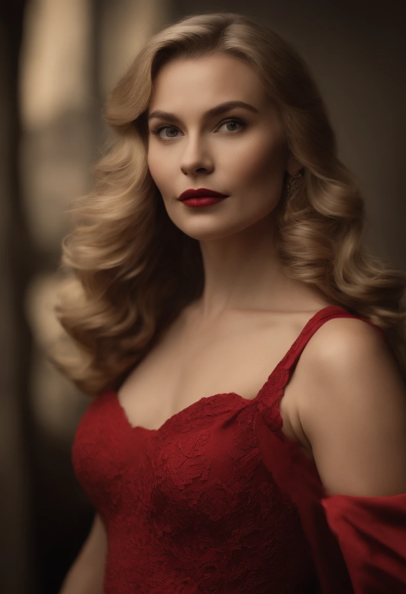 Masterpiece, a beautiful Swedish woman, ((Marilyn Monroe:Ingrid Bergman:0.5)), (wearing a cute red dress), (medium breasts), (perfect body), (long blonde hair), (skin texture:1.1), best quality, ultra high res, Raw photo, Nikon D850, backlight, rimlight, film grain:1.2, (warm hue, warm tone:1.2), (color photo)