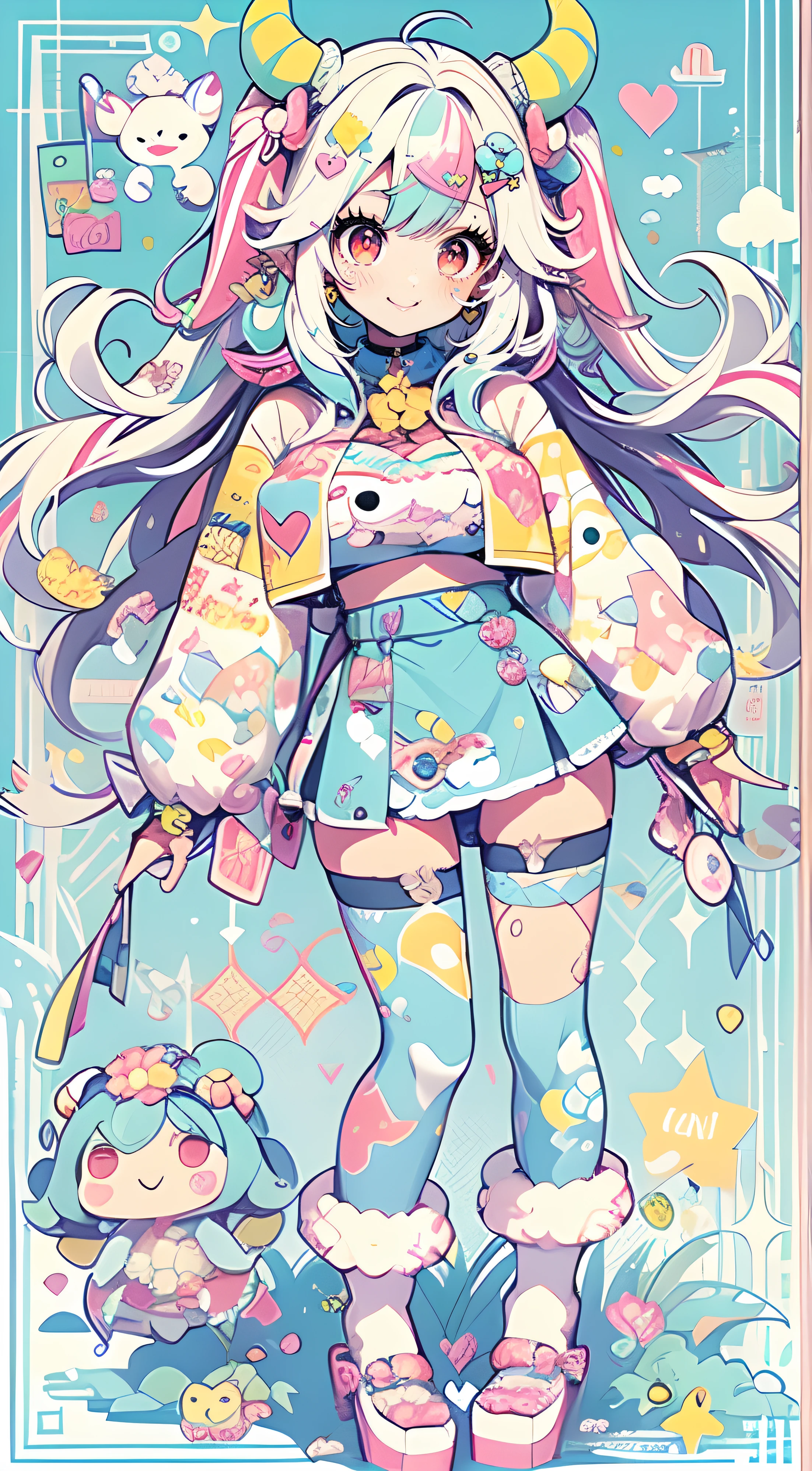 "kawaii, cute, adorable woman with pink, yellow, and baby blue color scheme. She is dressed in sky-themed clothes made out of clouds and sky motifs. Her outfit is fluffy and soft, with decora accessories like hairclips. She embodies the vibrant and trendy Harajuku fashion style." White hair, red eyes, horns, demon wings, big boobs,big ass, big lips, juicy lips, huge hair, smile