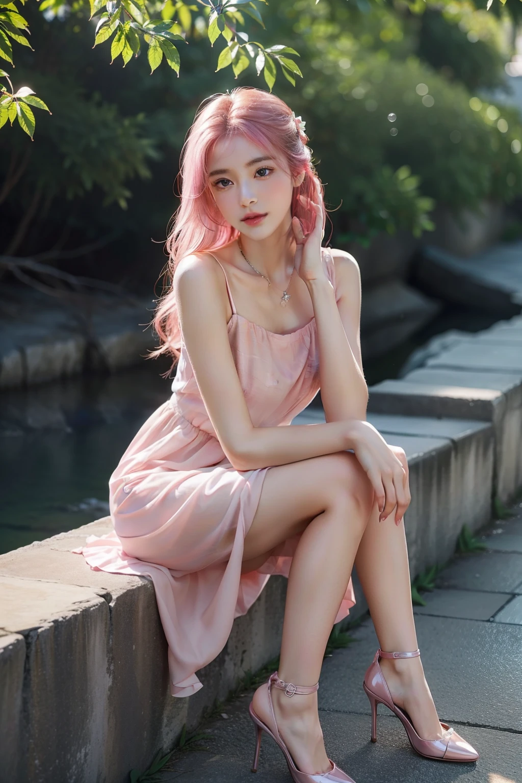 Masterpiece, Best quality, {Best quality}, {{Masterpiece}}, {A high resolution}, (（Full body detail 1.9))，Pink long hair lady dressed up in cliff photography styling，Let me write about you in detail：

Appearance：
1. The young lady has long attractive pink hair，Delicate and silky hair gently brushed her slender neck。
2. Her facial features are delicate and charming，The eyes are as bright as clear spring water，A touch of eyeliner outlines her bright eyes。
3. High nose bridge，the corners of your mouth rise slightly，Let her reveal a touch of confidence and elegance。
4. The little sister has fair and delicate skin，Like pure snowflakes，Her youth and brilliance are even more visible in the sun。

Makeup：
1. Her makeup is light and natural，Highlight her beauty just right。The pale pink lip gloss adds a delicate touch to her lips。
2. The meticulous eyebrow retouching is just right，Helps create harmony between the eyebrows。
3. A soft blush outlined her cheeks，Make her look more cute and charming。
4. The fine lashes are illuminated by a touch of mascara，The twinkling eyes seem to have endless charm。

clothes：
1. She wore a pale pink dress，The lightweight fabric flutters in the wind，It adds to her femininity。
2. Accompanied by a simple and sophisticated silver necklace，It adds a touch of brilliance to her neck。
3. She stepped on a pair of pink high heels，Highlight her slender leg line and feminine elegance。
4. Against the backdrop of a cliff，She holds a pink rose，Like a soft flower fairy