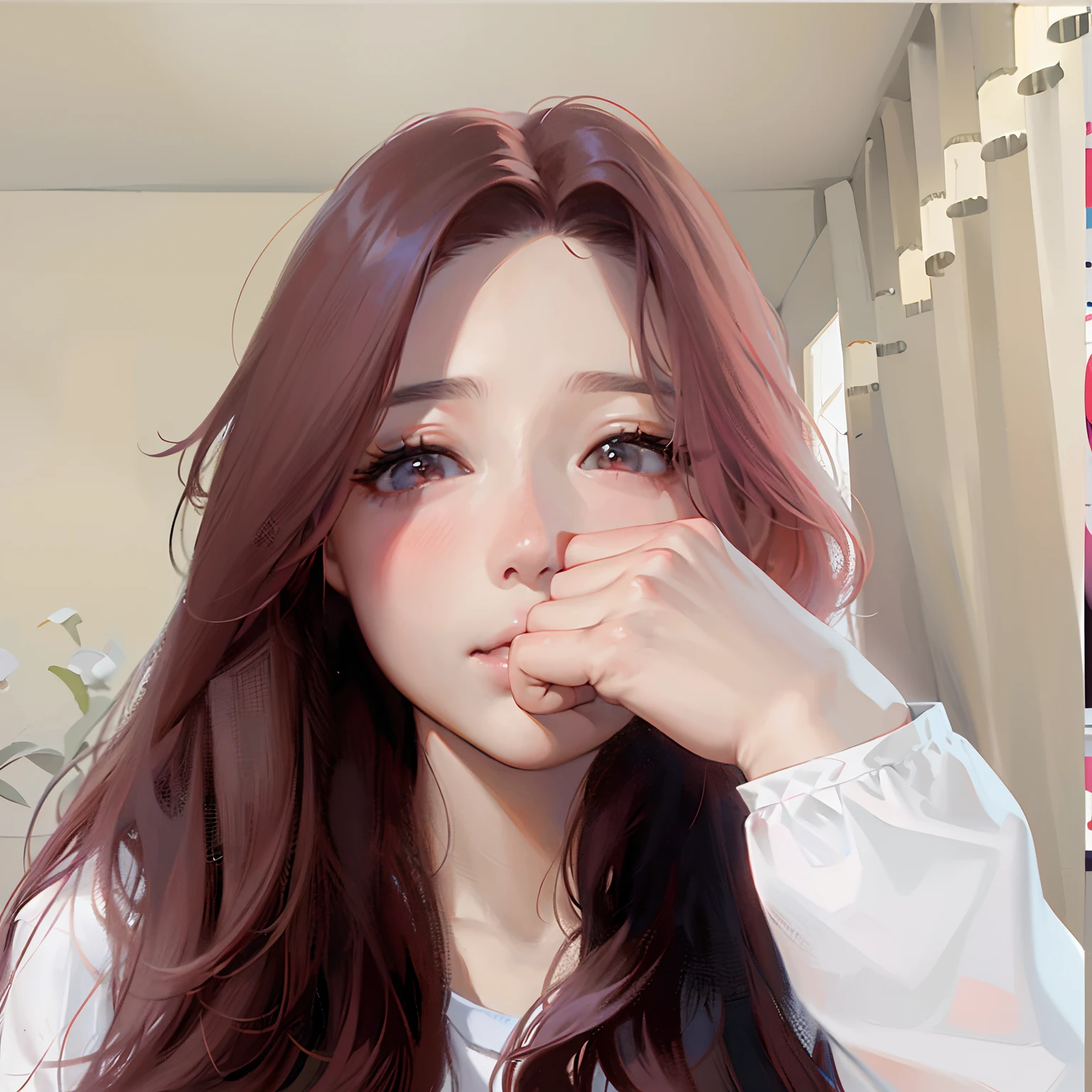 there is a woman with long hair and a white shirt, with round face, ulzzangs, with small nose, With long hair, bbwchan, Korean girl, Choi Hyun-hwa, With red hair, jaeyeon nam, round cheeks, coloured photo, young lovely Korean faces, 8K)), portrait of jossi of blackpink,Animated style
