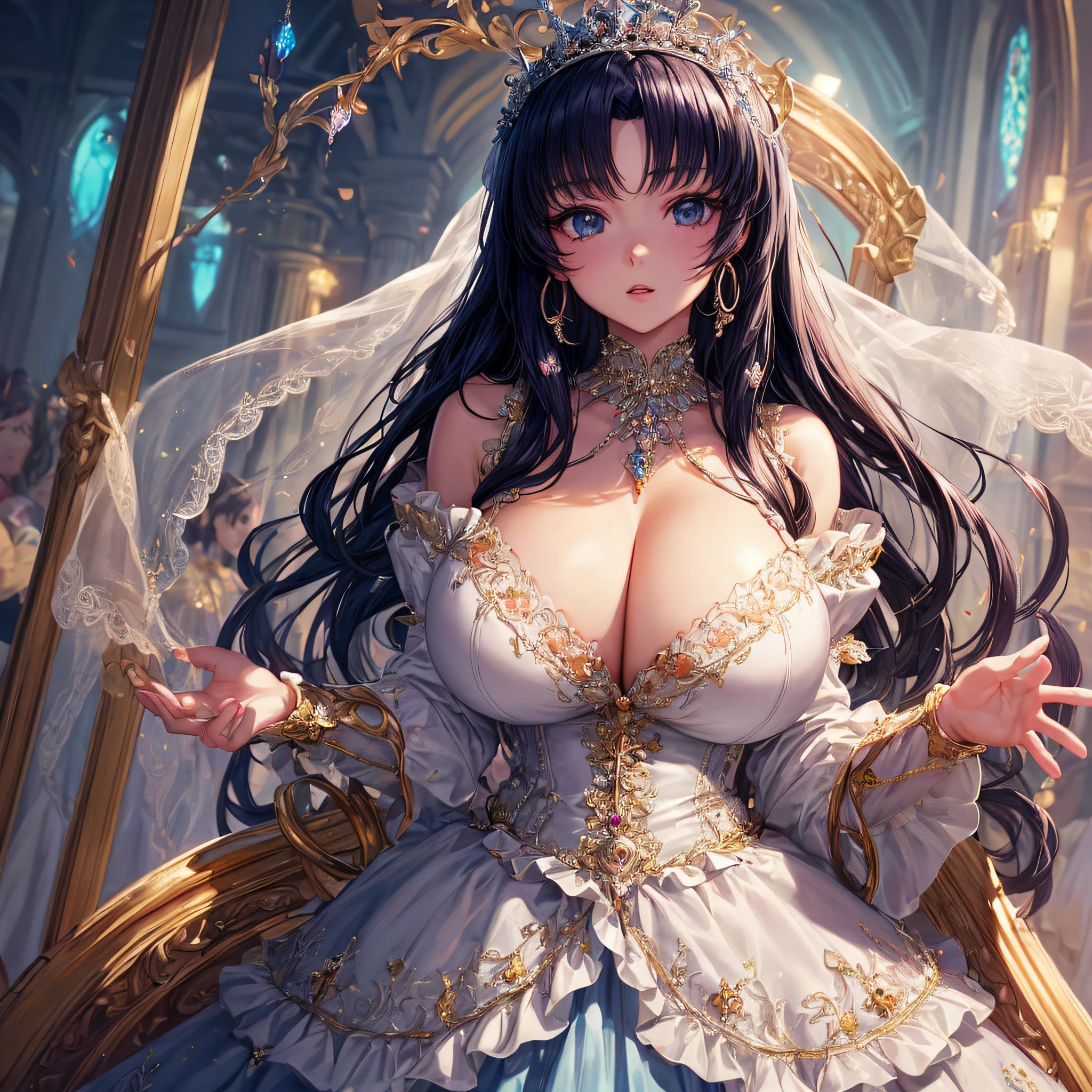 (masterpiece, best quality,extremely detailed:1.1),(moe anime art style:1.2),1girl,full body, ((solo)), cute, kawaii,digital art,((1 bling-bling anime princess wearing beautiful embroidery and jeweled ruffled gorgeous princess ballgown with voluminous full length hoop skirt)),((crinoline)),long train,voluminous frills,(gorgeous embroidery and beautiful lace),((very gigantic boobs,skindentation)),cleavage,(((shiny hair,very long straight hair))),((finely detailed face and eyes)),clear pupil,extremely gorgeousfull hair ornament,(bling-bling jeweled extremely gorgeousfull tiara),(bling-bling gorgeous gemstone jewelry),long veil,(beautiful background,fantasy),flowers,flower petals flowing,full body,looking away,((beautiful embroidery and jeweled ruffled gorgeous princess ballgown with voluminous full length hoop skirt))