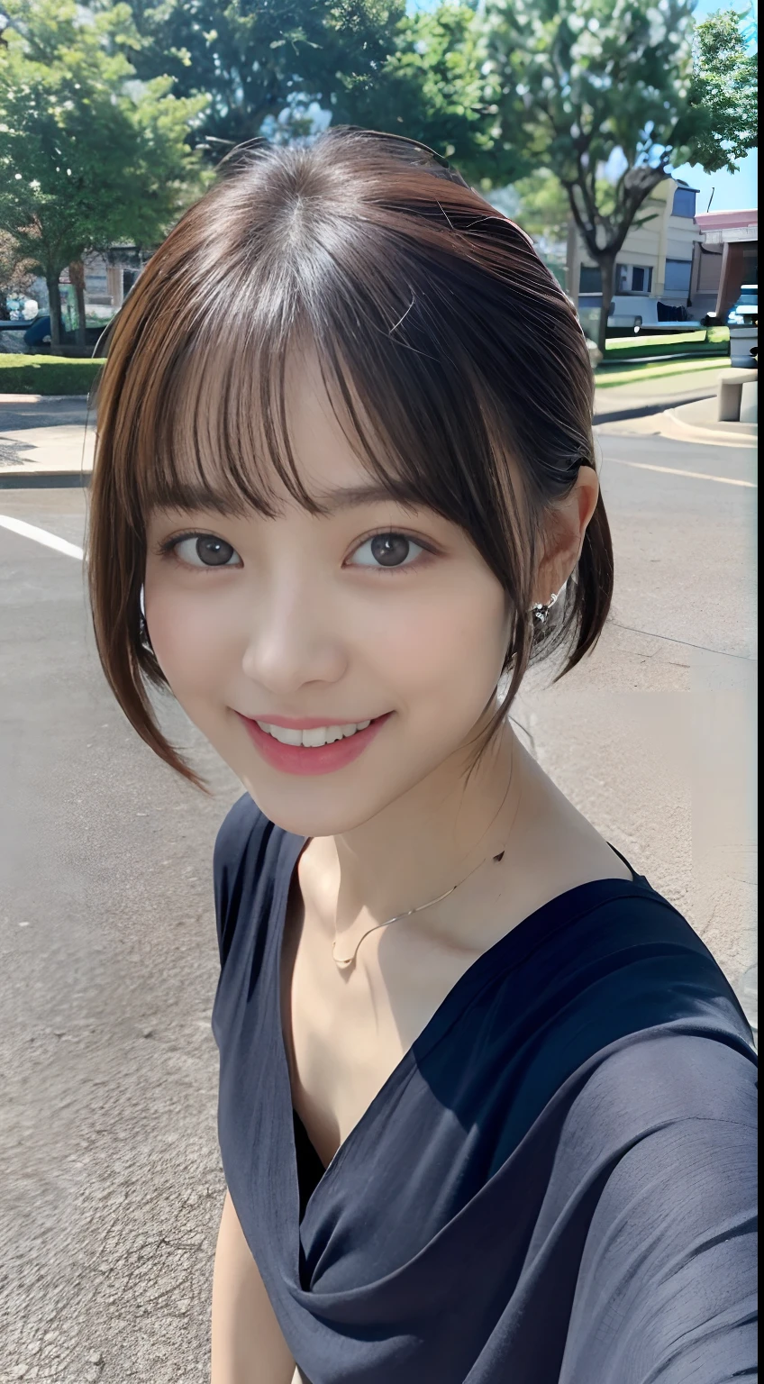 downbrouse、(Color Dresses:1.2)、(realisitic、Photorealsitic、ultra-detailliert、Highest Details Skins、top-quality、​masterpiece、超A high resolution)、Realistic skin type、japanes、23years old、Very pretty girl、short-cut、Shot from above、outside church、tiarra、shot from a side angle、look at a camera、Cute smile
