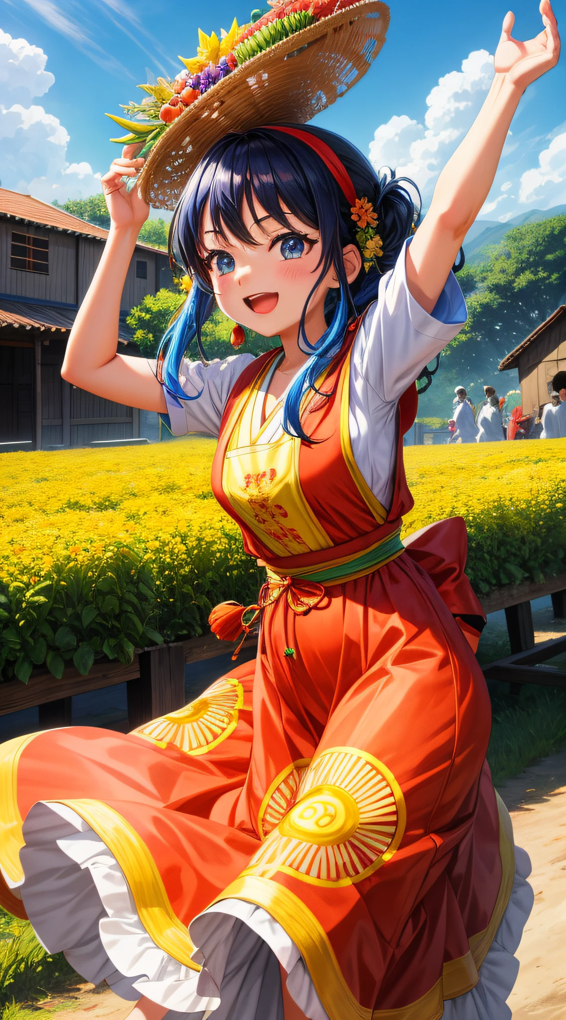 Design an anime wallpaper showcasing a vibrant harvest festival in the old rural village. Characters in traditional attire celebrate with music, dancing, and a bountiful feast. The scene bursts with colors, energy, and cultural richness.