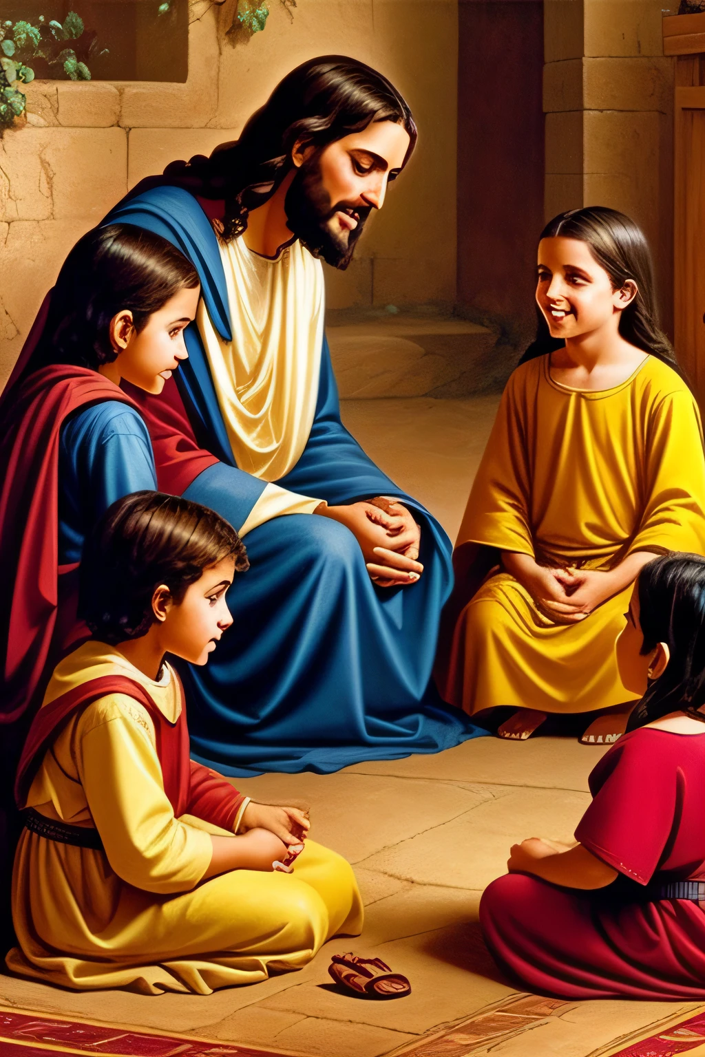 Jesus sitting on the floor talking to two children, a girl and a boy, and all smiling;