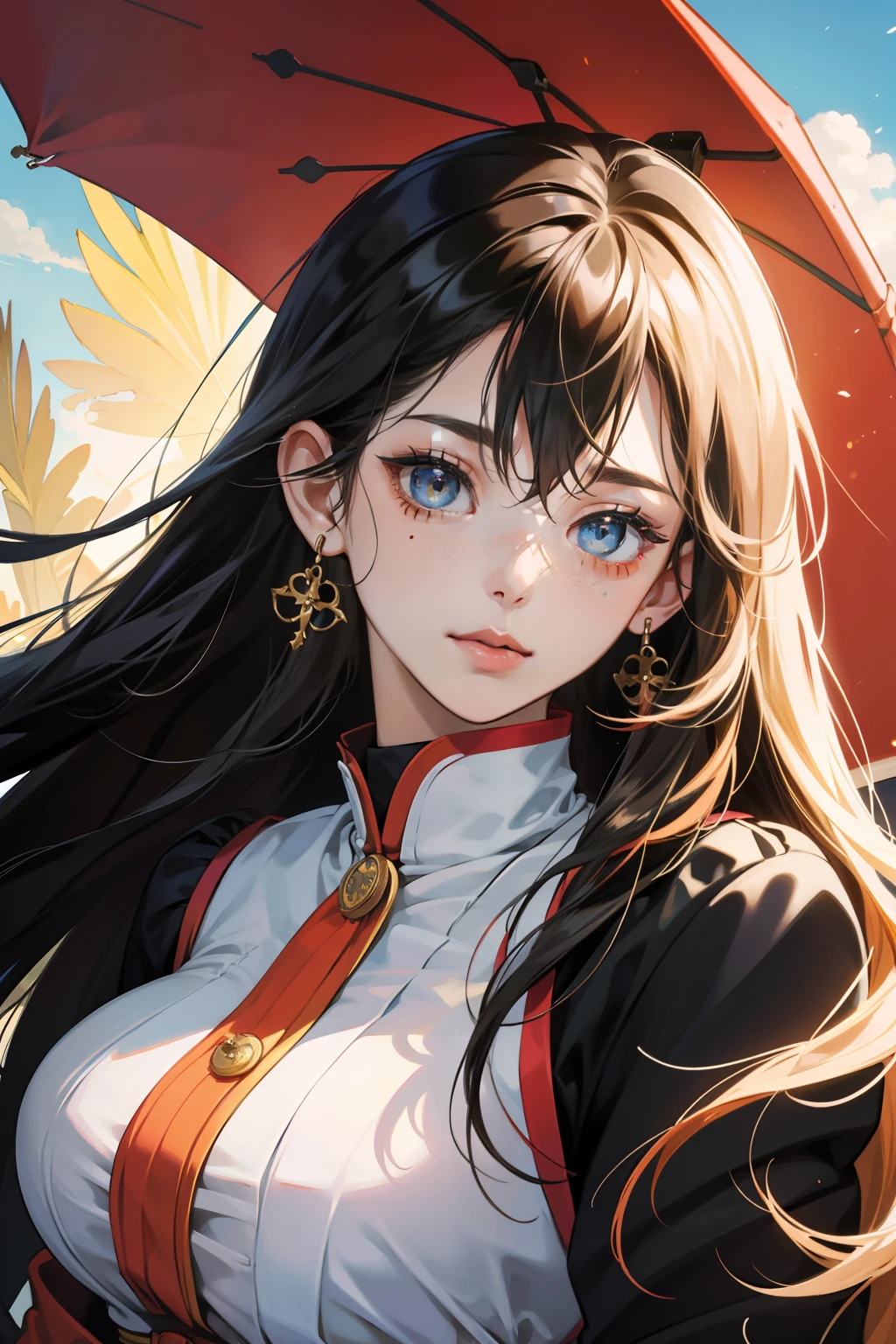 Masterpiece, Best quality, {Best quality}, {{Masterpiece}}, {A high resolution}, Focus, Anime style, Cartoon close-up of a woman, Girl design, Portrait, Gisha, Anime image, Long hair, Black hair, Straight eyes, hair covering ears, Polished and powerful appearance, Exotic, Tall, freckle, cheerful big breasts, Romantic costumes, Colorful, colours