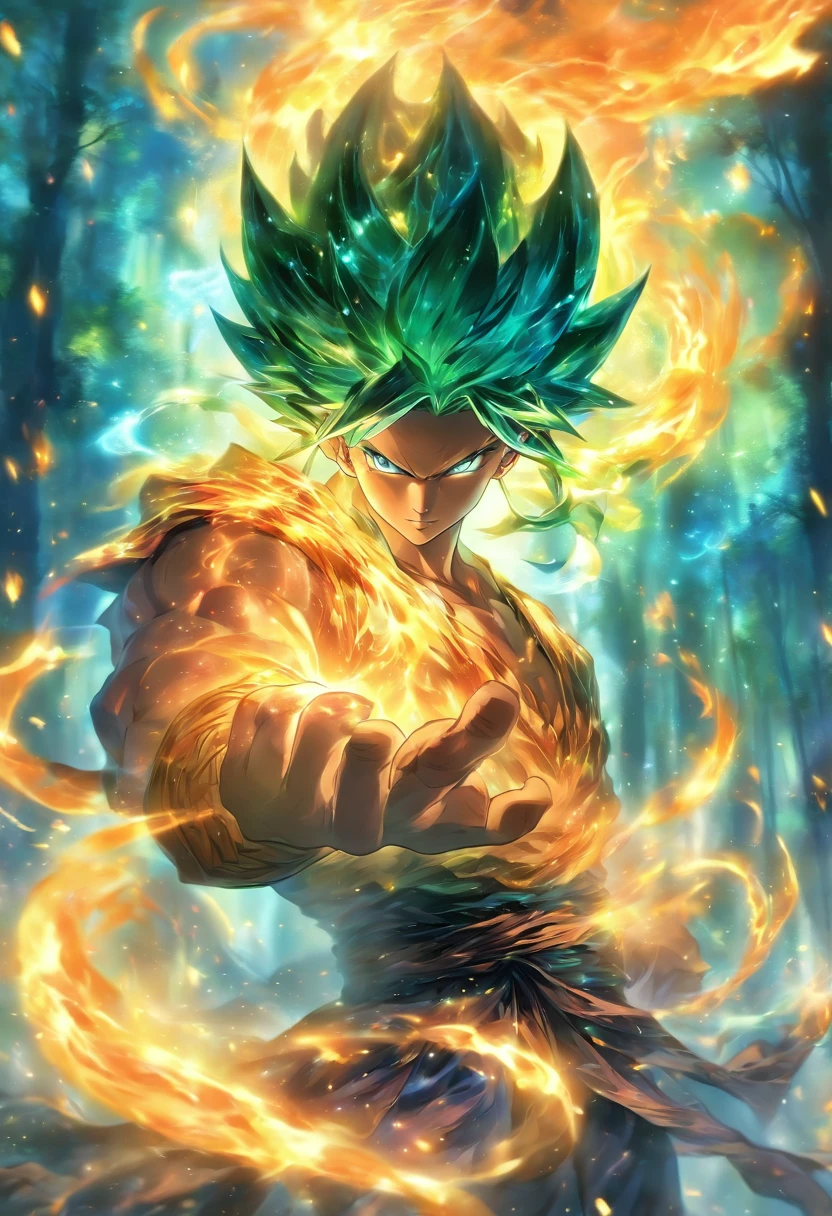 Amidst an ancient and overgrown forest, the essence of magic takes form through a young man, his hair as dark as the shadows and his eyes a radiant golden blaze. A mystical mark graces his neck, shimmering with latent power. Within a clearing, he stands engulfed in a cascading torrent of flames, the fire's heat tempered by an otherworldly energy. As the magical fire spirals and dances, it conjures a swirling dance of luminous particles, each a fragment of his ethereal aura. Arcane symbols materialize in midair, their glow casting an eerie light on his intense focus. The scene exudes a sense of ancient power and hidden knowledge, as if the woods themselves are alive with long-forgotten secrets. The mood is one of serene intensity, where the balance of nature and magic intertwine. The illustration style captures this mystical aura through detailed digital artistry, combining intricate linework with vibrant color palettes. --ar 16:9 --v 5