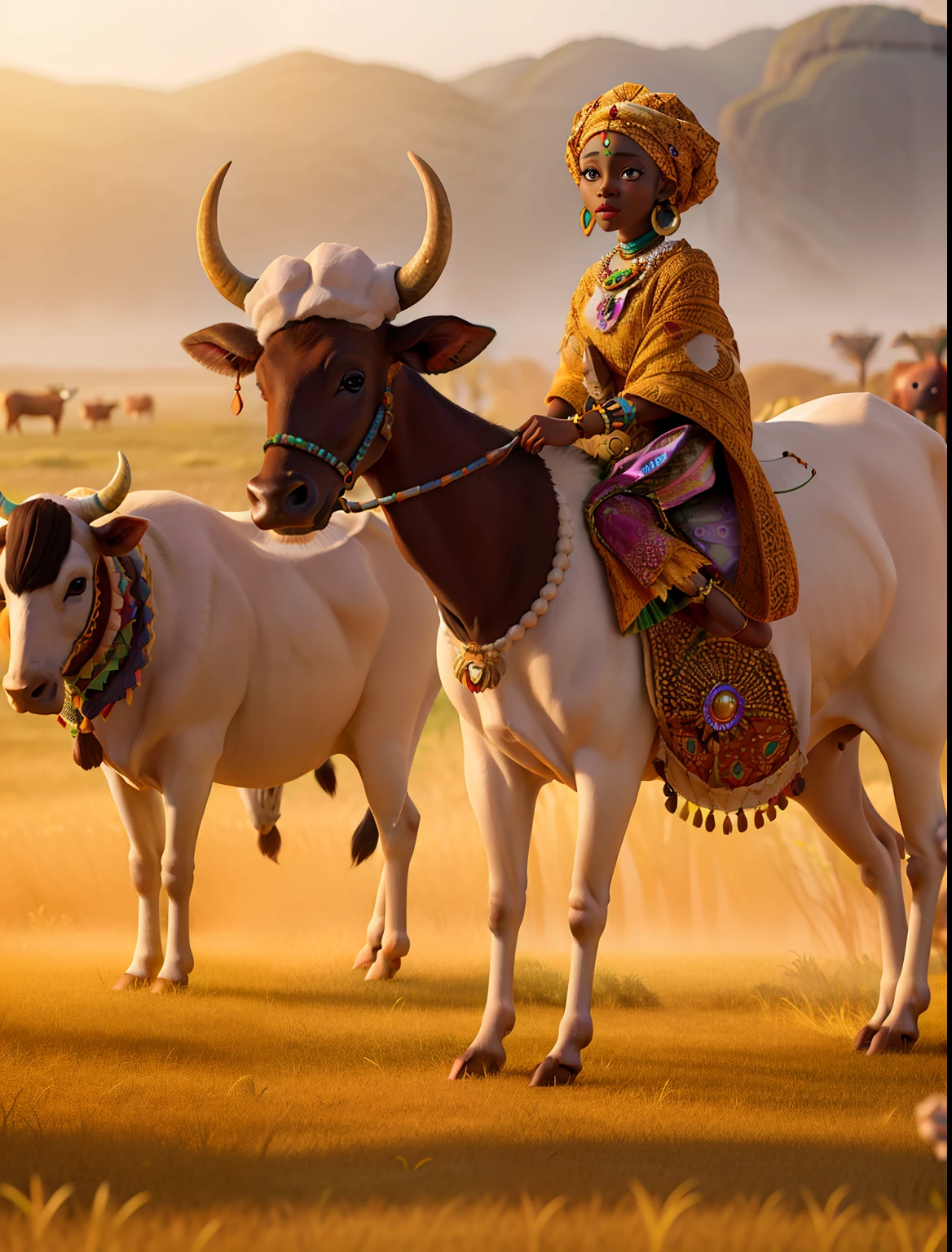 A graceful Nigerian Fulani woman, wearing intricately adorned traditional clothing, stands in a mystical, ethereal landscape where reality blends with mythology, surrounded by mystical cows with otherworldly features, creating an enchanting and surreal atmosphere, Digital art, combining photorealism with magical elements, --ar 16:9 --v 5