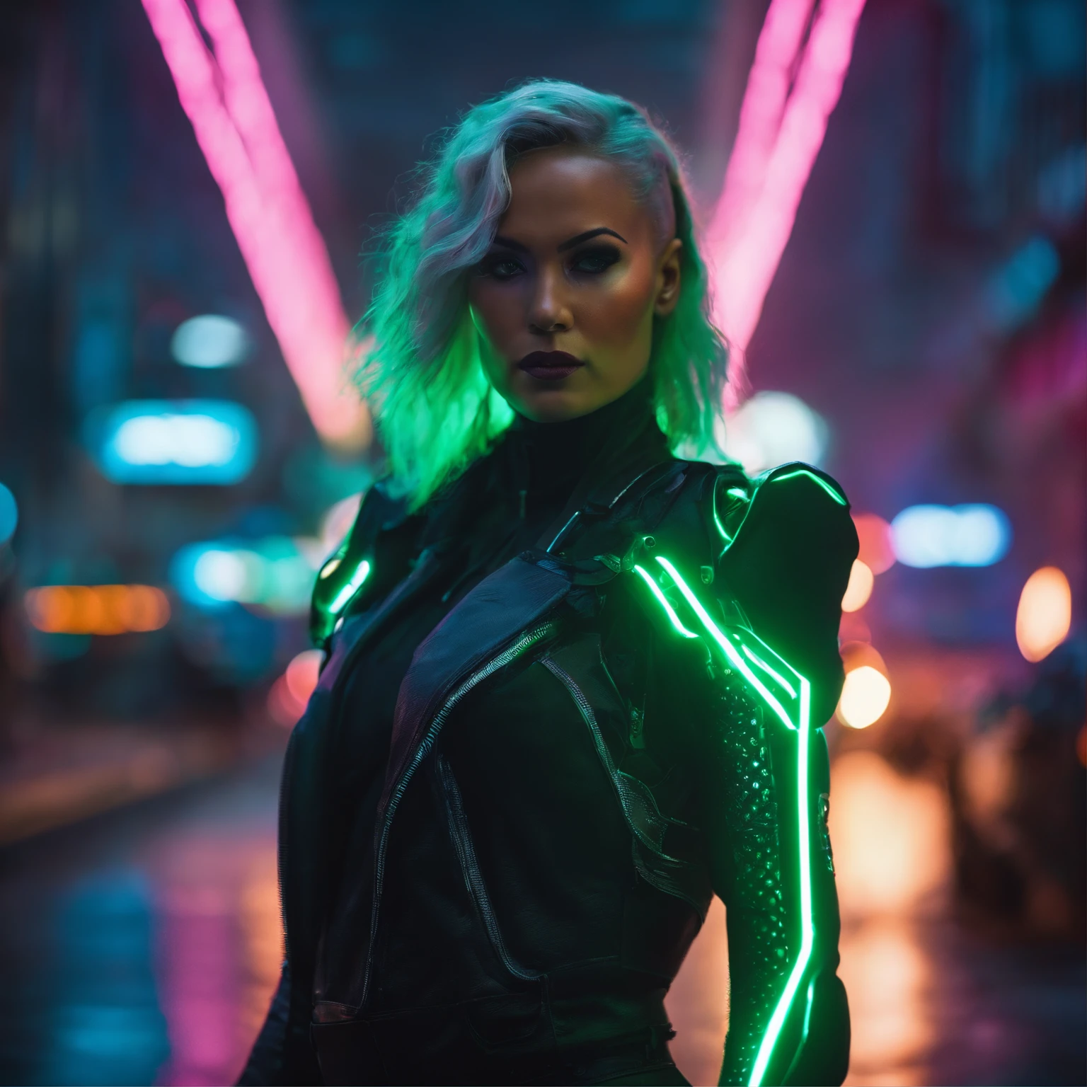 Cinematic action photo of a cyberpunk vigilante, her face illuminated by the glow of a neon sign. Her outfit, a form-fitting suit of advanced polymers, is detailed with intricate circuitry and glowing indicators. Her face, a picture of focused intensity, is framed by a shock of neon-colored hair. The colors are dark and dramatic, with the glow of the neon sign casting a harsh, eerie light on the scene. --s 300
