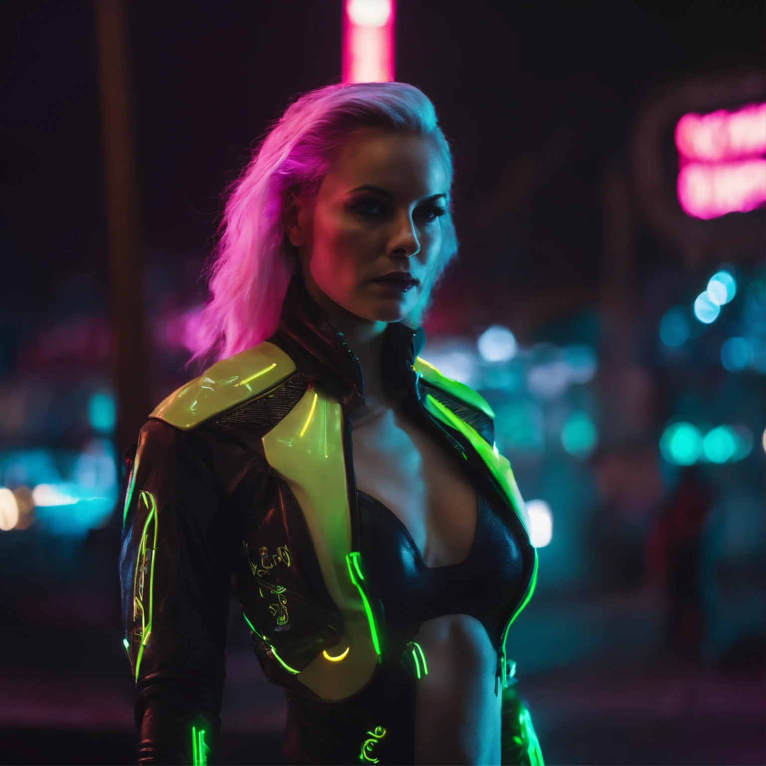 Cinematic action photo of a cyberpunk vigilante, her face illuminated by the glow of a neon sign. Her outfit, a form-fitting suit of advanced polymers, is detailed with intricate circuitry and glowing indicators. Her face, a picture of focused intensity, is framed by a shock of neon-colored hair. The colors are dark and dramatic, with the glow of the neon sign casting a harsh, eerie light on the scene. --s 300