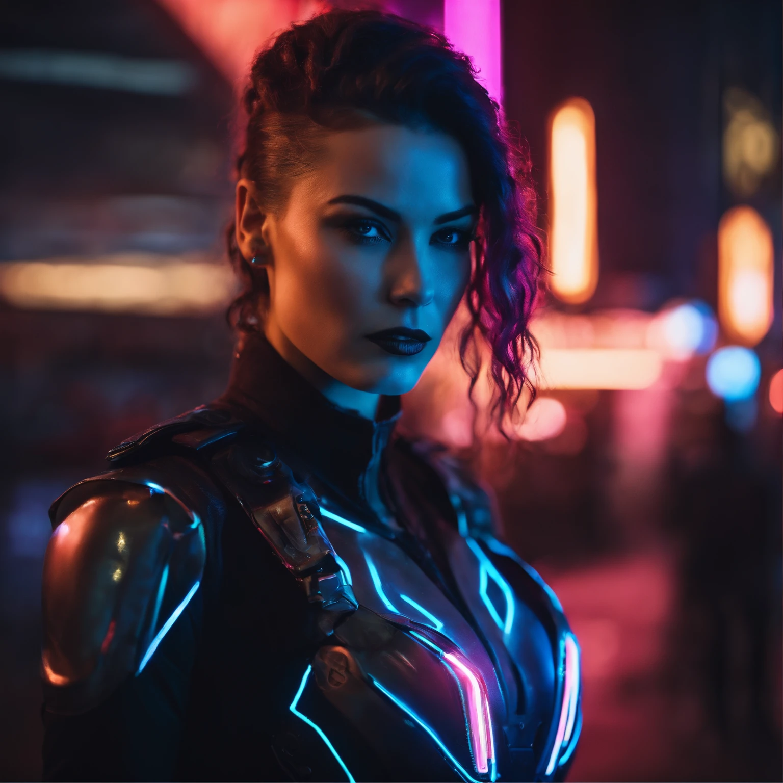 Cinematic action photo of a cyberpunk vigilante, her face illuminated by the glow of a neon sign. Her outfit, a form-fitting suit of advanced polymers, is detailed with intricate circuitry and glowing indicators. Her face, a picture of focused intensity, is framed by a shock of neon-colored hair. The colors are dark and dramatic, with the glow of the neon sign casting a harsh, eerie light on the scene. --s 300