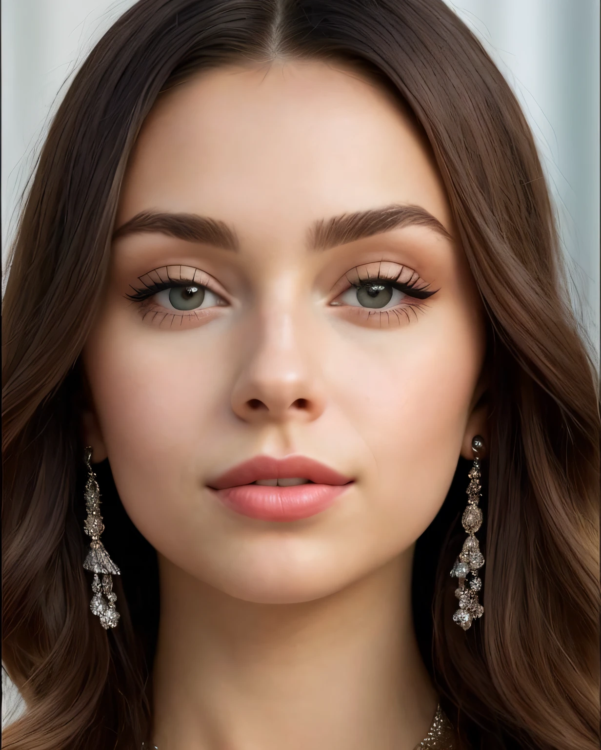 um close up de uma mulher com cabelos longos usando um colar e brincos, Retrato Sophie Mudd, rosto bonito fotorrealista, retrato de alta qualidade, arte digital. foto realista, imagem retrato bonita, pintura digital realista, retrato de beleza detalhado, retoque profissional, retrato bonito detalhado, rostos bonitos e realistas, mulher bonita jovem, rosto bonito realista, corpo inteiro de biquini