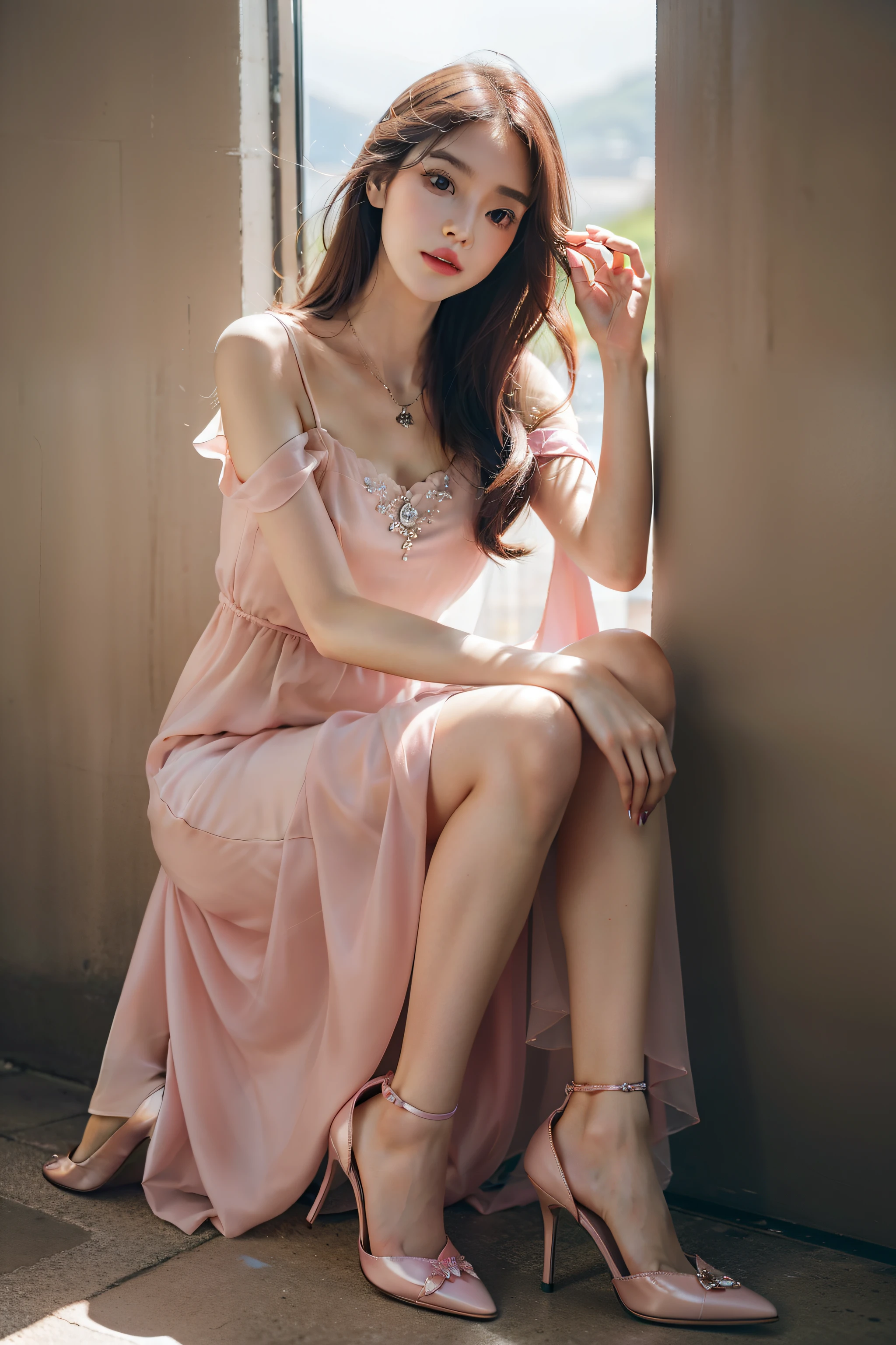 Masterpiece, Best quality, {Best quality}, {{Masterpiece}}, {A high resolution}, (（Full body detail 1.9))，Pink long hair lady dressed up in cliff photography styling，Let me write about you in detail：

Appearance：
1. The young lady has long attractive pink hair，Delicate and silky hair gently brushed her slender neck。
2. Her facial features are delicate and charming，The eyes are as bright as clear spring water，A touch of eyeliner outlines her bright eyes。
3. High nose bridge，the corners of your mouth rise slightly，Let her reveal a touch of confidence and elegance。
4. The little sister has fair and delicate skin，Like pure snowflakes，Her youth and brilliance are even more visible in the sun。

Makeup：
1. Her makeup is light and natural，Highlight her beauty just right。The pale pink lip gloss adds a delicate touch to her lips。
2. The meticulous eyebrow retouching is just right，Helps create harmony between the eyebrows。
3. A soft blush outlined her cheeks，Make her look more cute and charming。
4. The fine lashes are illuminated by a touch of mascara，The twinkling eyes seem to have endless charm。

clothes：
1. She wore a pale pink dress，The lightweight fabric flutters in the wind，It adds to her femininity。
2. Accompanied by a simple and sophisticated silver necklace，It adds a touch of brilliance to her neck。
3. She stepped on a pair of pink high heels，Highlight her slender leg line and feminine elegance。
4. Against the backdrop of a cliff，She holds a pink rose，Like a soft flower fairy