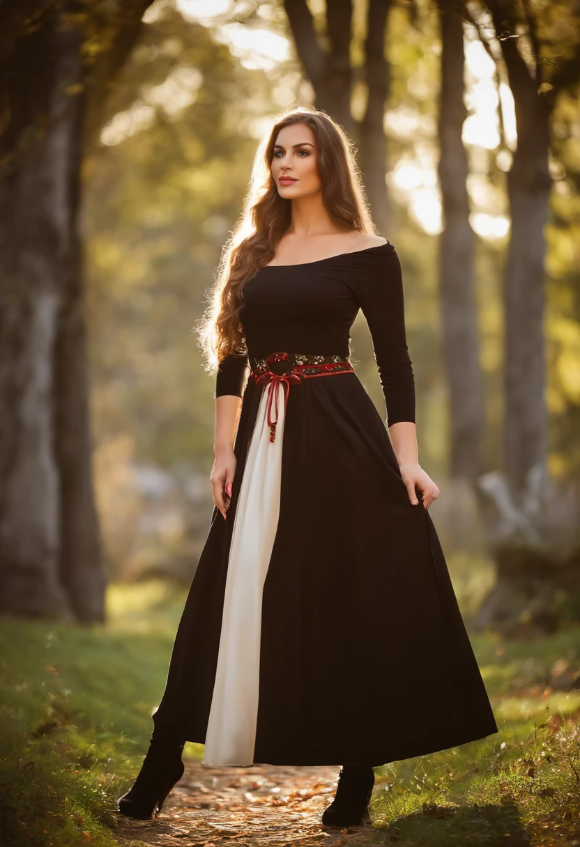 (obra-prima: 1.4), (melhor qualidade: 1.4), (alta resolução: 1.4), vestido dirndl, milha, cabelo longo, olhando para o espectador, Black long-sleeved tunic, bolsa de ombro, ao ar livre, Seios enormes,cintura fina, quadris largos, coxas grossas, bumbum grande, curvas thincc, roupa decotada, foco no rosto feminino, Erotic nua