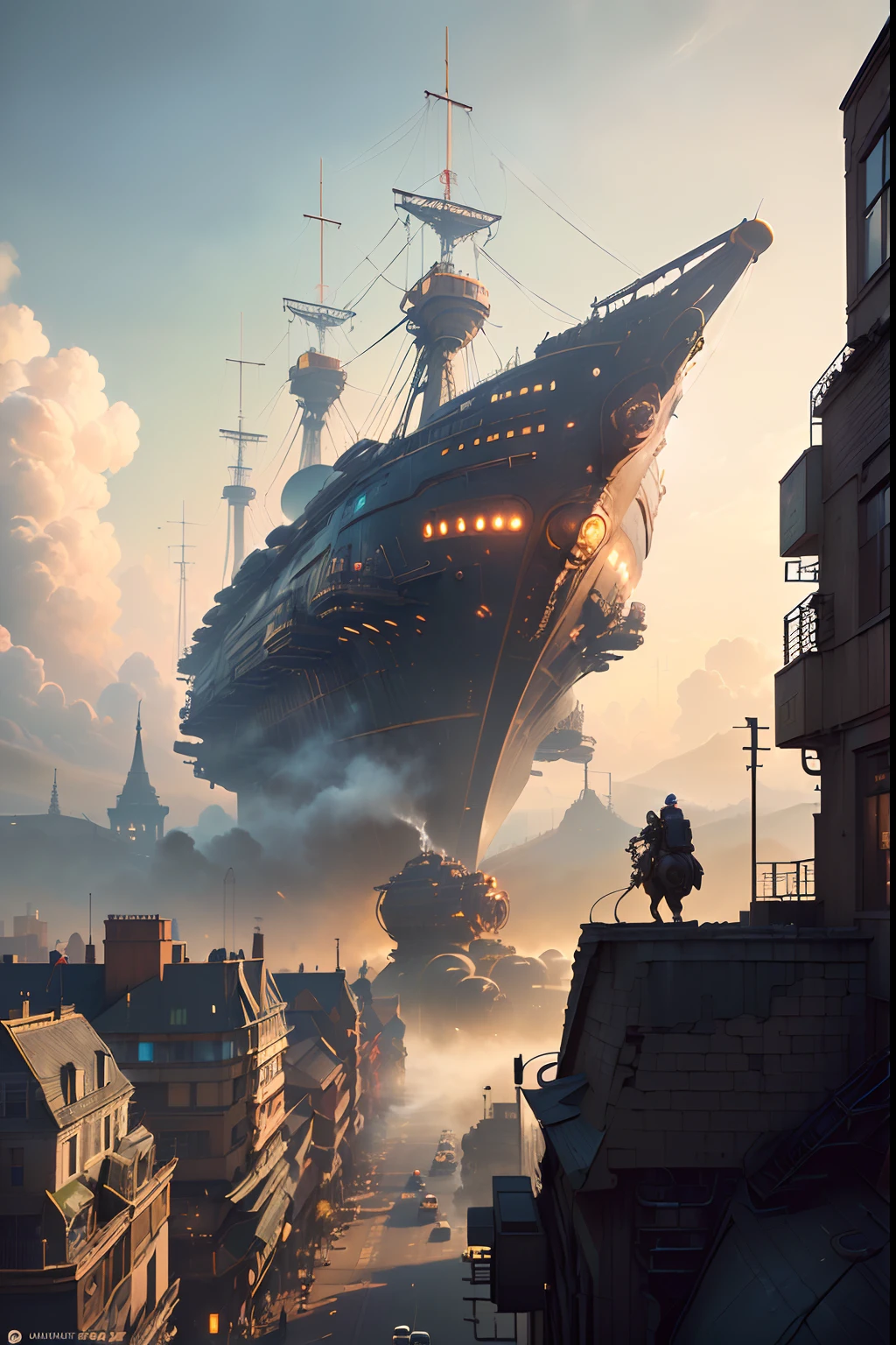 (((best quality))),(((ultra detailed))),(((masterpiece))), illustration, steam punk poor neighbourhood, with steam vehicles and airships shuttling on the streets, and steam robots and ships carrying smoke filling the sky. Full shot photo of the most beautiful artwork in the world featuring steam punk city with airship, steam vehicles, smoke-filled sky, intricate details, high resolution, trending on social media, Instagram-worthy, futuristic, industrial, mechanical, vintage, retro-futuristic, cyberpunk, trending on ArtStation, trending on CGSociety, sci-fi, adventure, mystery, excitement, trending on DeviantArt.