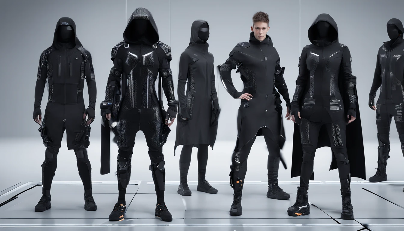 Five people in completely black weapons-like clothing with a skull 