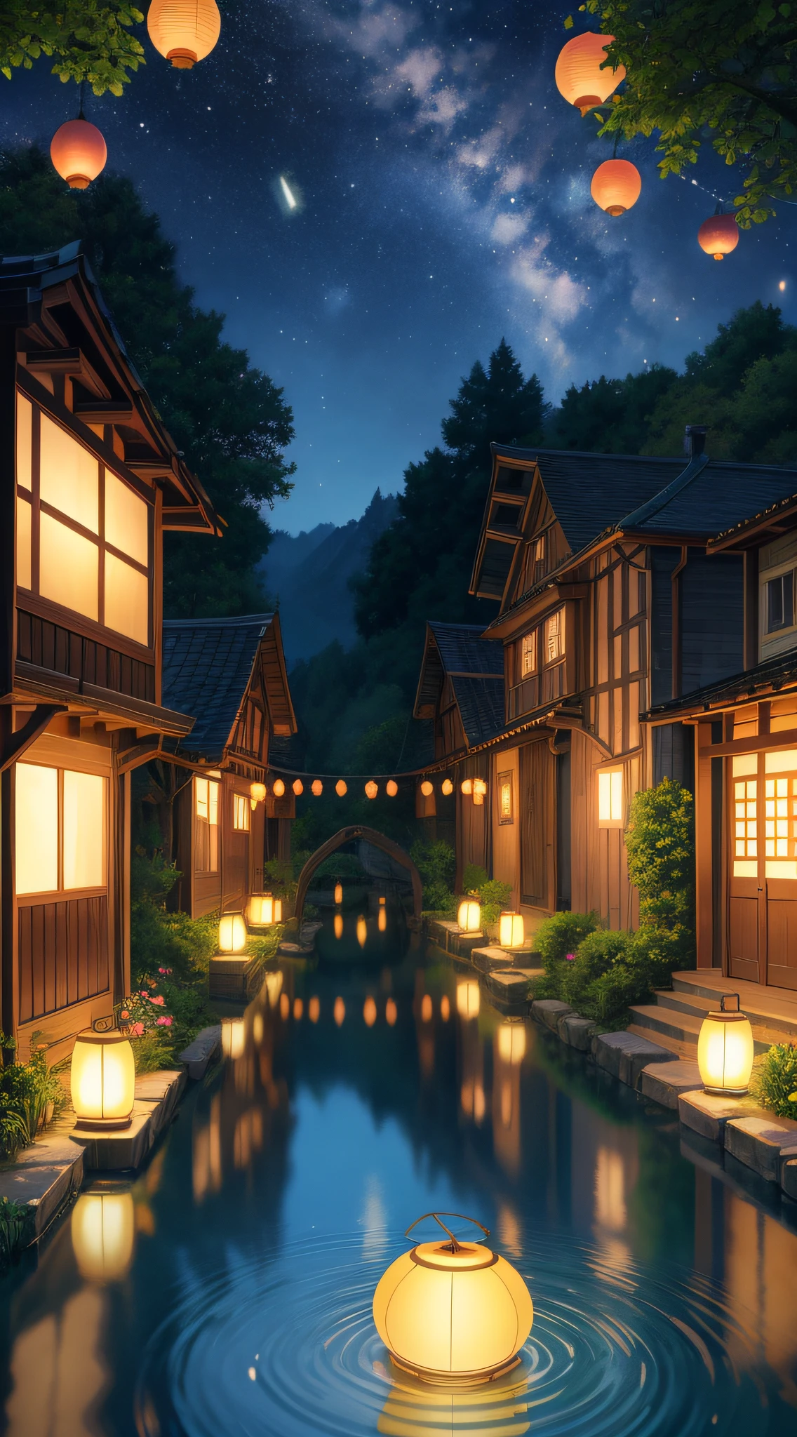 Craft an anime wallpaper that adds a touch of fantasy to the old rural village. Introduce magical elements like fireflies, floating lanterns, or enchanted forests. The village exudes an otherworldly charm, inviting viewers into a world of wonder