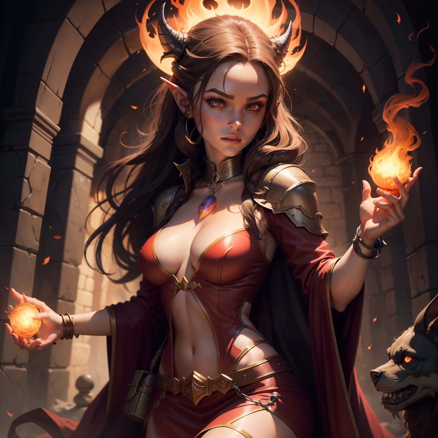 Dungeon and dragons game style drawing. A female dwraf wizard with brown long hair with fair in her hand casting fireball