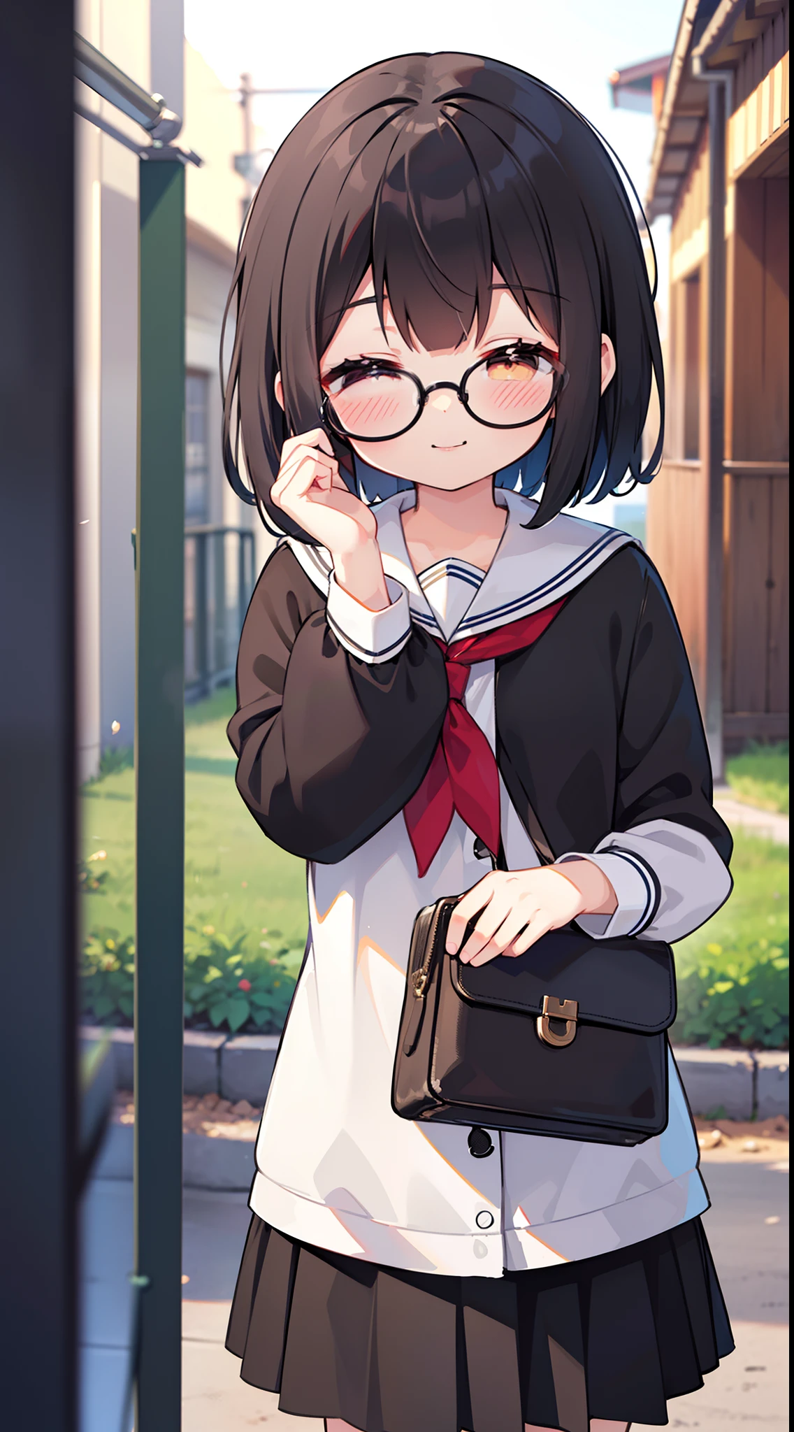 (masutepiece, Best Quality, Capture super cute moments, depth of fields, ultra-detailliert, Ultra High Resolution, C4D, Octadale, 3D Modeling, 8K, 16 K, one girls、a junior high school student、A dark-haired、short-hair、straight haired, Close eyes,hair adornments、wearing black glasses、Smile Face),School uniform