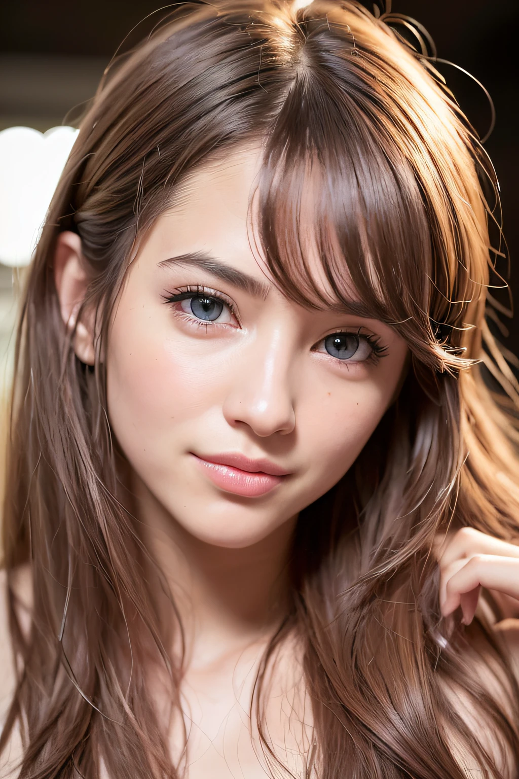 (realistic, photo-realistic:1.37),(8k, RAW photo, best quality, masterpiece:1.2), cute, ultra-detailed,heart-shaped pupils,physically-based rendering, ultra high res, kodakvision color, shot on Arricam LT Camera, bokeh, sharp focus,
looking at viewer,photorealistic,realistic, solo, photorealistic, best quality,extremely detailed face,extremely detailed eyes and face, beautiful detailed eyes,absurdres, incredibly absurdres,haunting smile,Messy hair, floating hair, ,