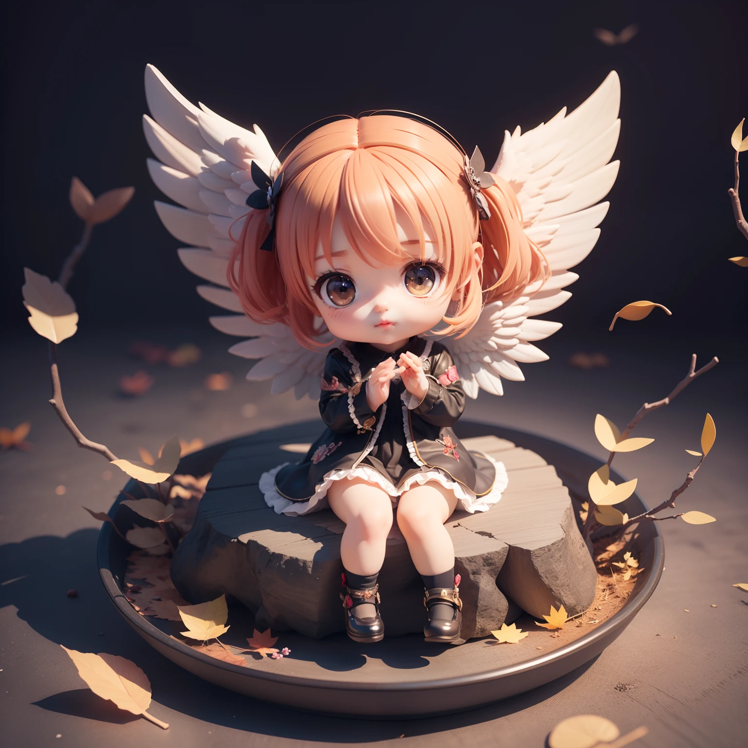 Cute Chibi Anime,(((Chibi 3D))) (Best Quality) (Master Price)、(Chibi Fallen Angel:1.3)、Sitting on black flowers、specimen、Autumn houseplants、Holding cheeks with both hands、Jewelry Decoration Costumes
