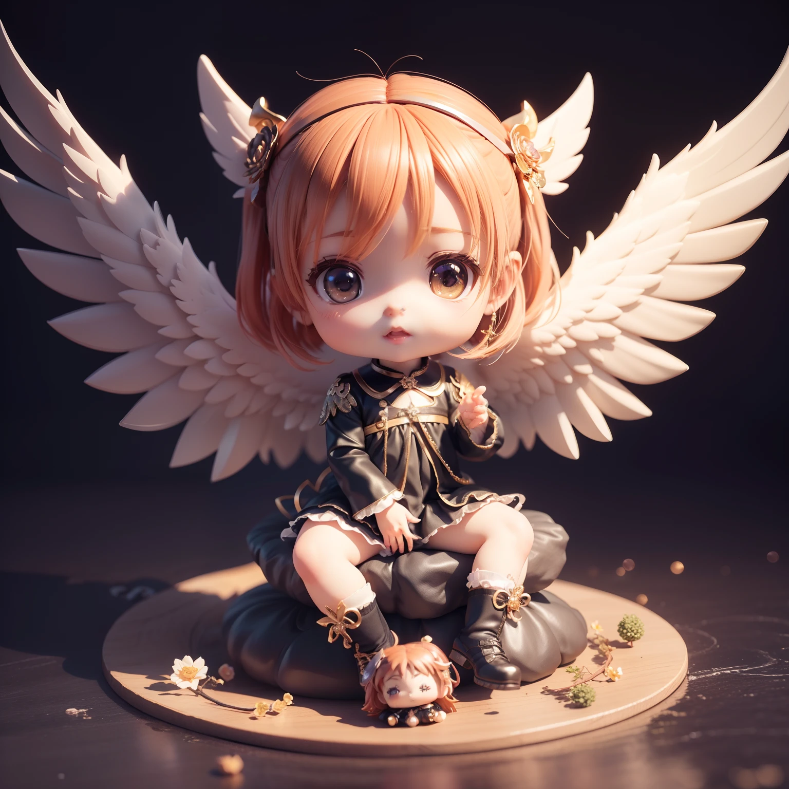 Cute Chibi Anime,(((Chibi 3D))) (Best Quality) (Master Price)、(Chibi Fallen Angel:1.3)、Sitting on black flowers、specimen、Autumn houseplants、Holding cheeks with both hands、Jewelry Decoration Costumes