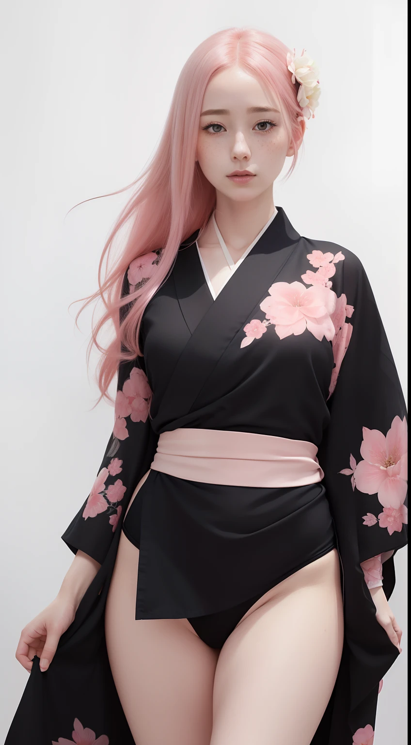 dynamic pose,1girl,pale skin,pink hair,sakura flower headband,delicate face,freckles,shy,(black kimono:1.3),(wide thigh gap:1.3,wide thighs:1.3),(white background),(best quality:1.2,ultra-detailed,realistic:1.37),portrait,soft colors,polished lighting