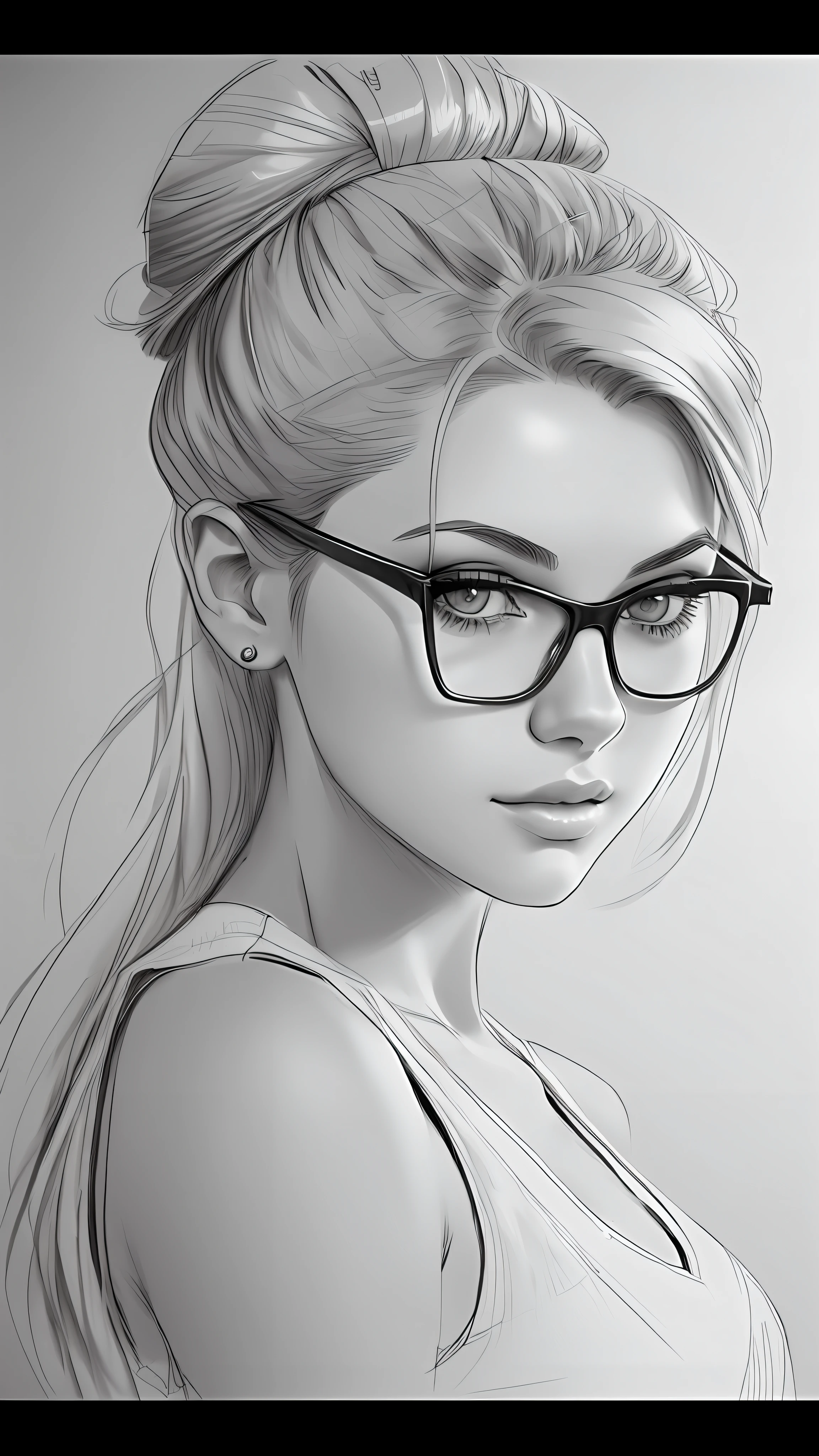draw a woman with glasses and a bun with a bun, desenho elegante, girl with glasses, artistic drawing, estilo de desenho, Estilo de desenho bonito, ✏️🎨, realistic sketch, desenho de realismo, sketch drawing, high quality sketch art, pencil draw, mulher detalhada, detailed sketch drawing, desenho suave, desenho simples, desenhos de arte, designer pencil sketch, desenho realista, Pencil sketch, Colorido, Estilo anime, cor por todo corpo como uma humana