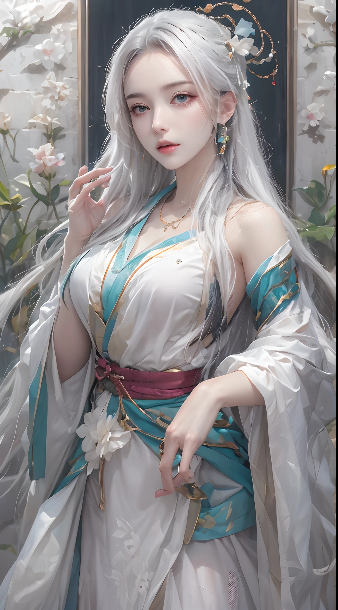 Photorealistic, high resolution, 1 woman, hips up, Beautiful eyes, Long hair, ringed eyes, white hair, jewelry, tattoo, hanfu, Chinese fairy
