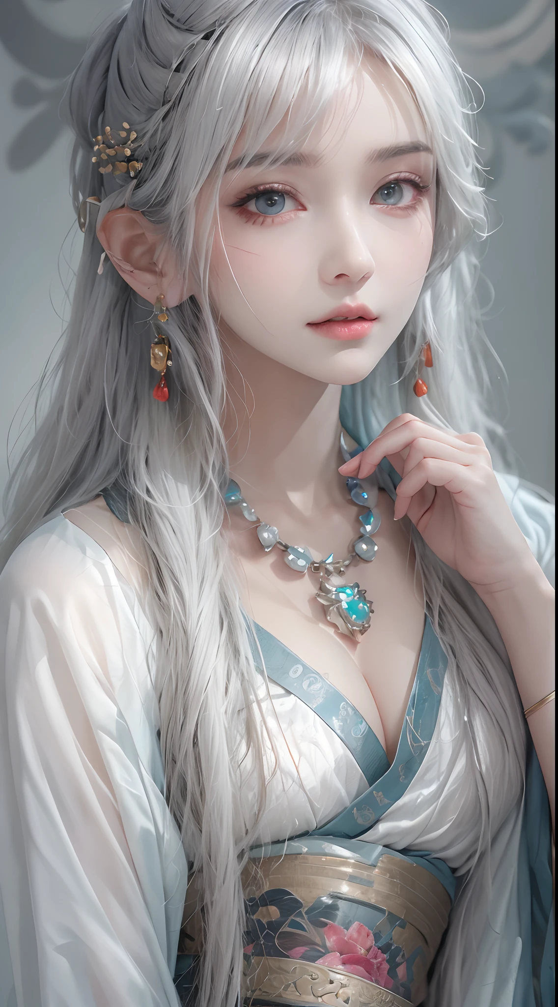 Photorealistic, high resolution, 1 woman, hips up, Beautiful eyes, Long hair, ringed eyes, white hair, jewelry, tattoo, hanfu, Chinese fairy