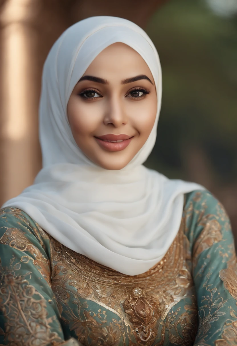 Cute and gorgeous blonde muslim woman wearing burkha with long hair and blue eyes wearing a long white silk dress