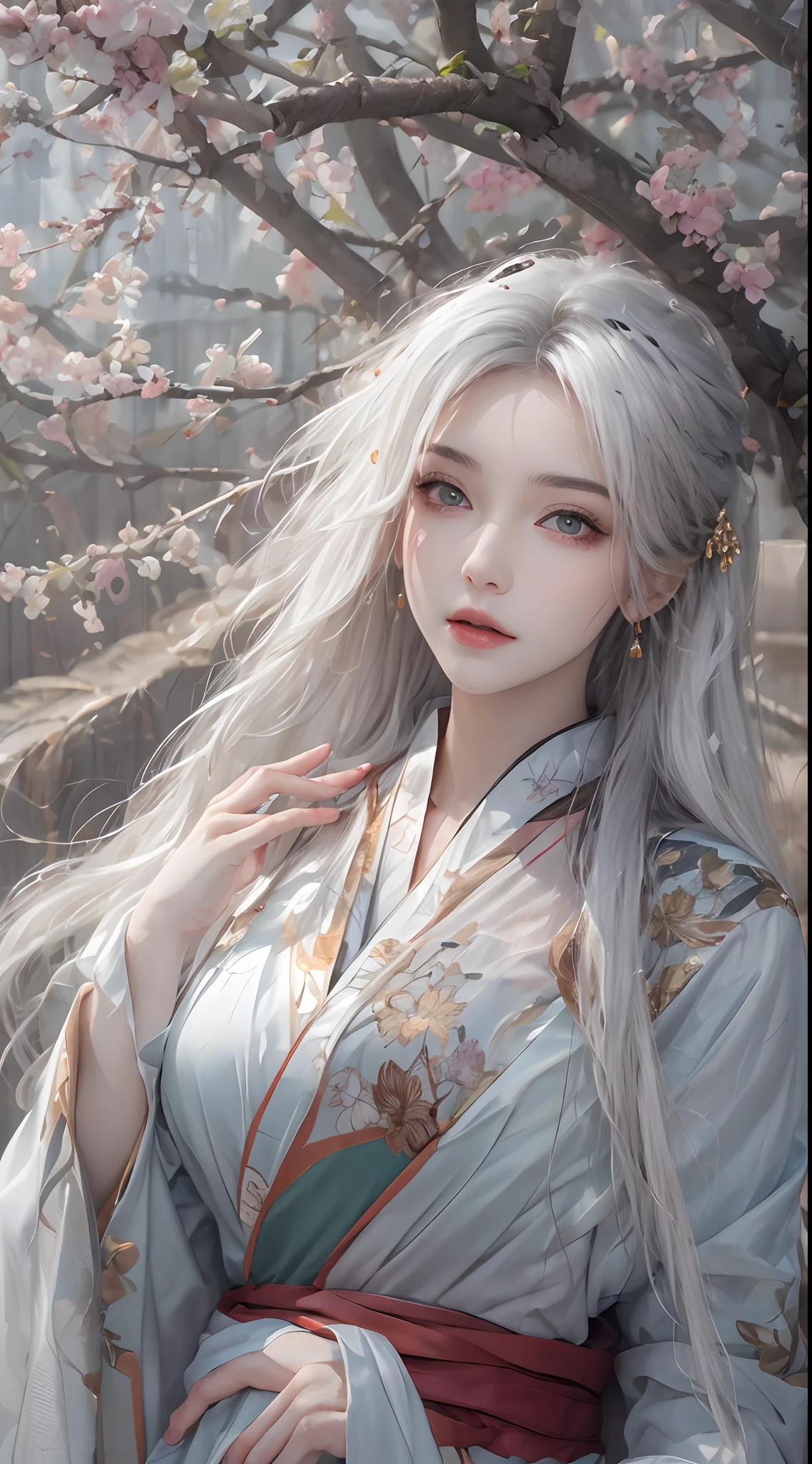 Photorealistic, high resolution, 1 woman, hips up, Beautiful eyes, Long hair, ringed eyes, white hair, jewelry, tattoo, hanfu, Chinese fairy