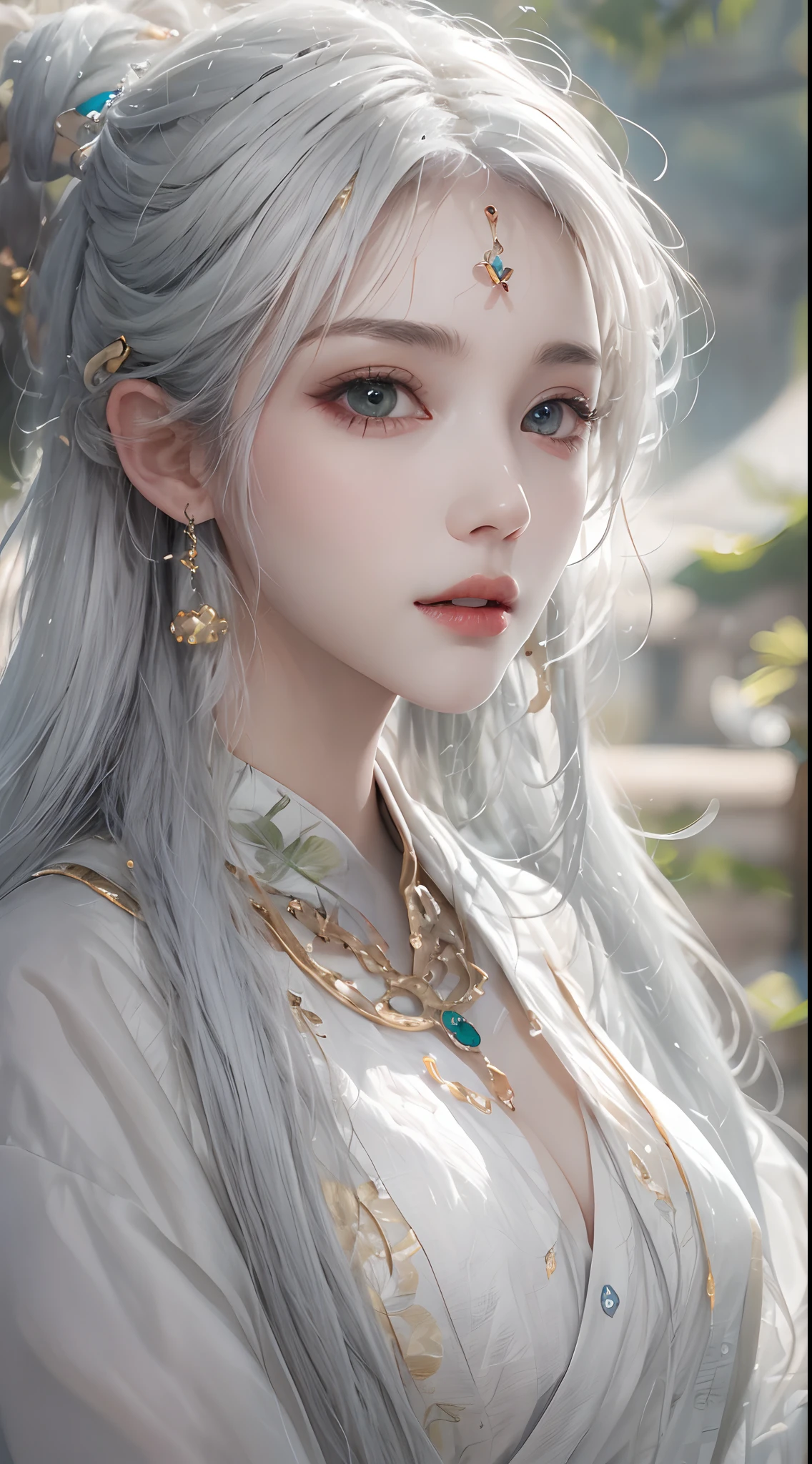 Photorealistic, high resolution, 1 woman, hips up, Beautiful eyes, Long hair, ringed eyes, white hair, jewelry, tattoo, hanfu, Chinese fairy