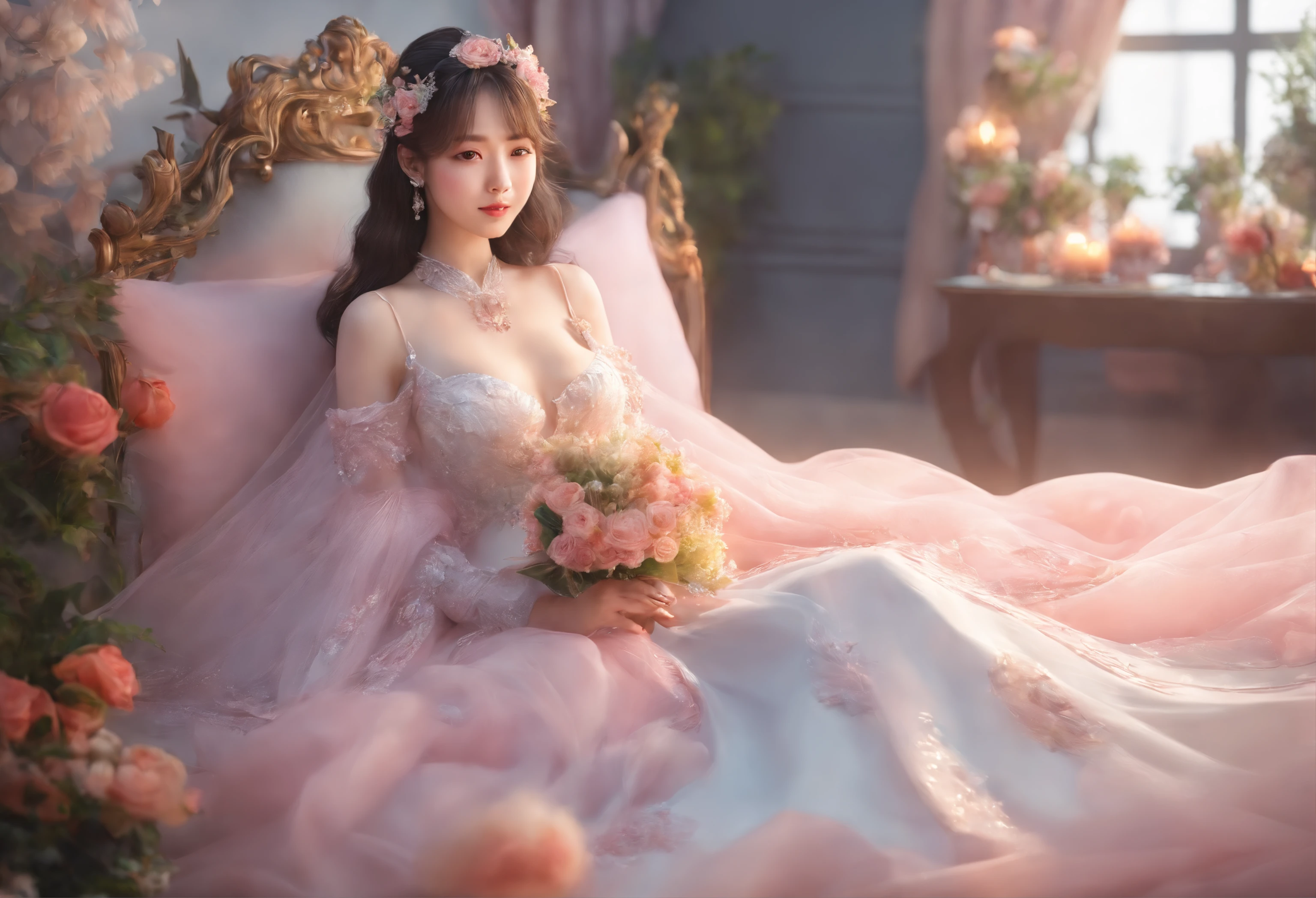 one women in wedding dresses sitting on the bed，holds a bouquet of flowers, lalisa manobal, Album art, Official artwork, very magical and dreamy, ethereal fairytale, Ethereal beauty, Koreainsta Goddess, Ethereal fantasy, celestial goddess, lalisa manoban of blackpink, sakimichan, jaeyeon nam, ulzzangs, Ethereal and dreamy, fantasy beautiful，Extra-large big breasts，Blush，Perfect body slim curves， 8K art photo photo，Japan goddess，