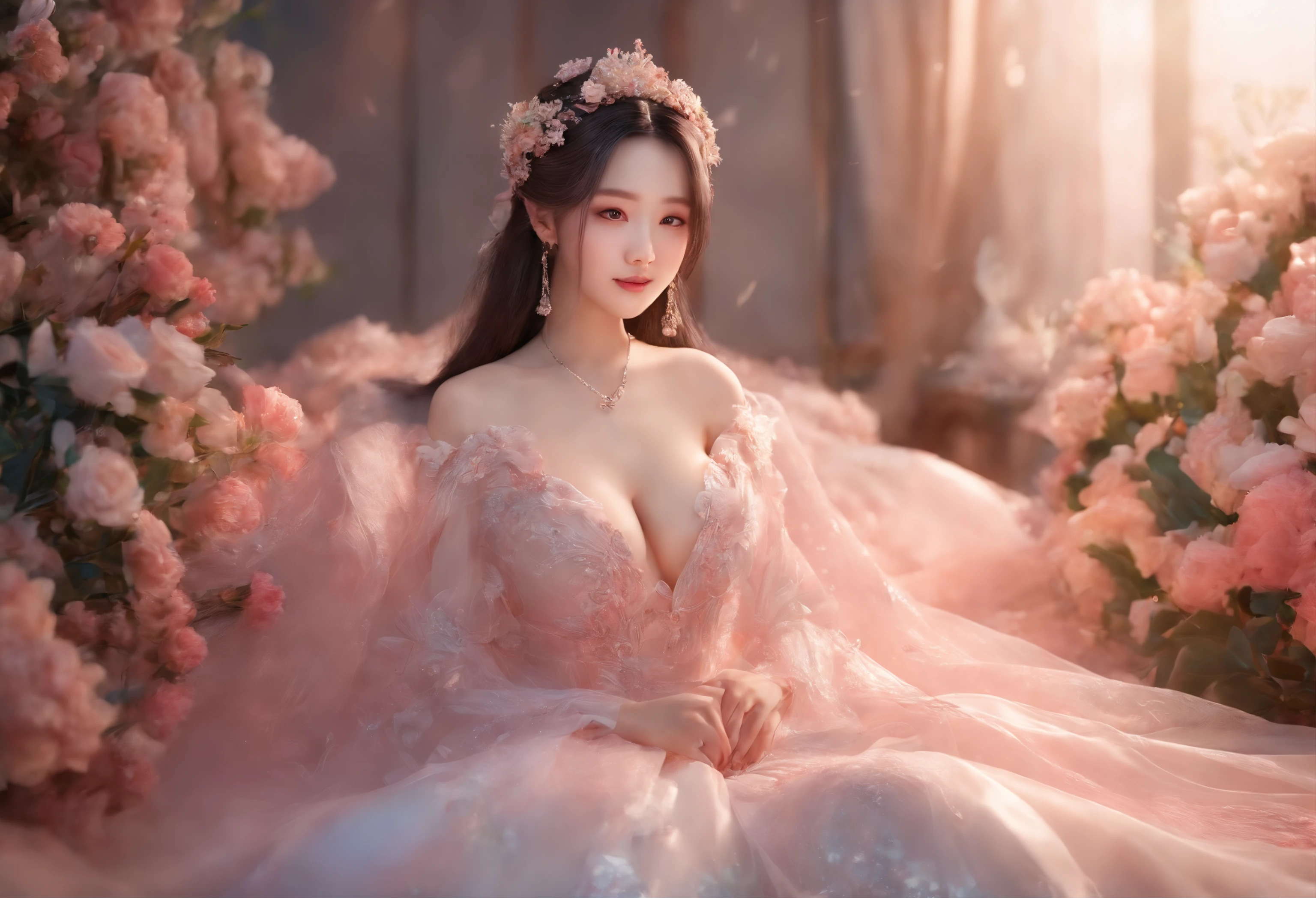 one women in wedding dresses sitting on the bed,holds a bouquet of flowers, lalisa manobal, Album art, Official artwork, very magical and dreamy, ethereal fairytale, Ethereal beauty, Koreainsta Goddess, Ethereal fantasy, celestial goddess, lalisa manoban of blackpink, sakimichan, jaeyeon nam, ulzzangs, Ethereal and dreamy, fantasy beautiful,Extra-large big breasts,Blush,Perfect body slim curves, 8K art photo photo,Japan goddess,