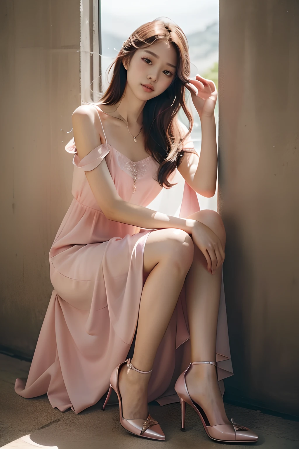 A woman in a pink dress sits on a windowsill, Wearing a pink dress, Pink dress, floating dress, wearing a pink dress, korean women's fashion model, Dressed in elegant dresses, Gorgeous young Korean woman, Beautiful young Korean woman, Romantic dress, soft silk dress, wearing flowing dress, beautiful Korean women, cute elegant pose, feminine in cute pastel shades