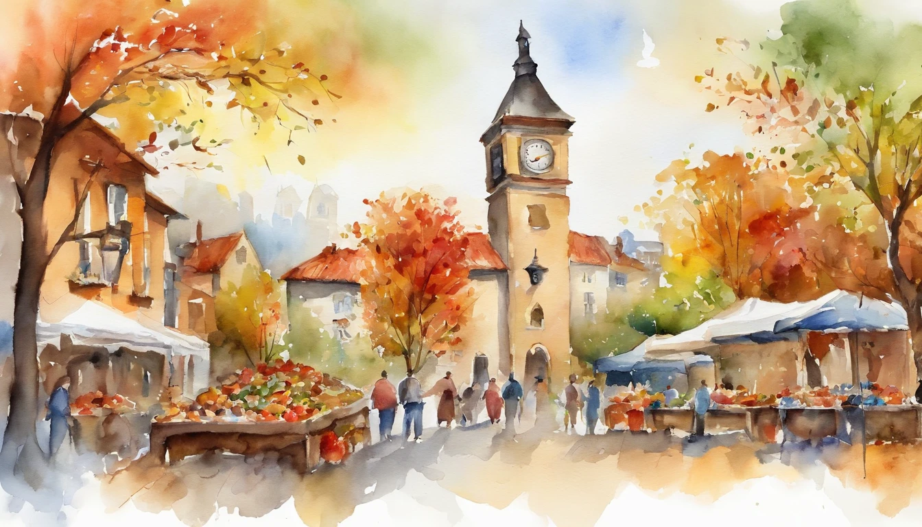 In the square with the clock tower in the center、Celebrating the Harvest Festival、Watercolor Touch、
