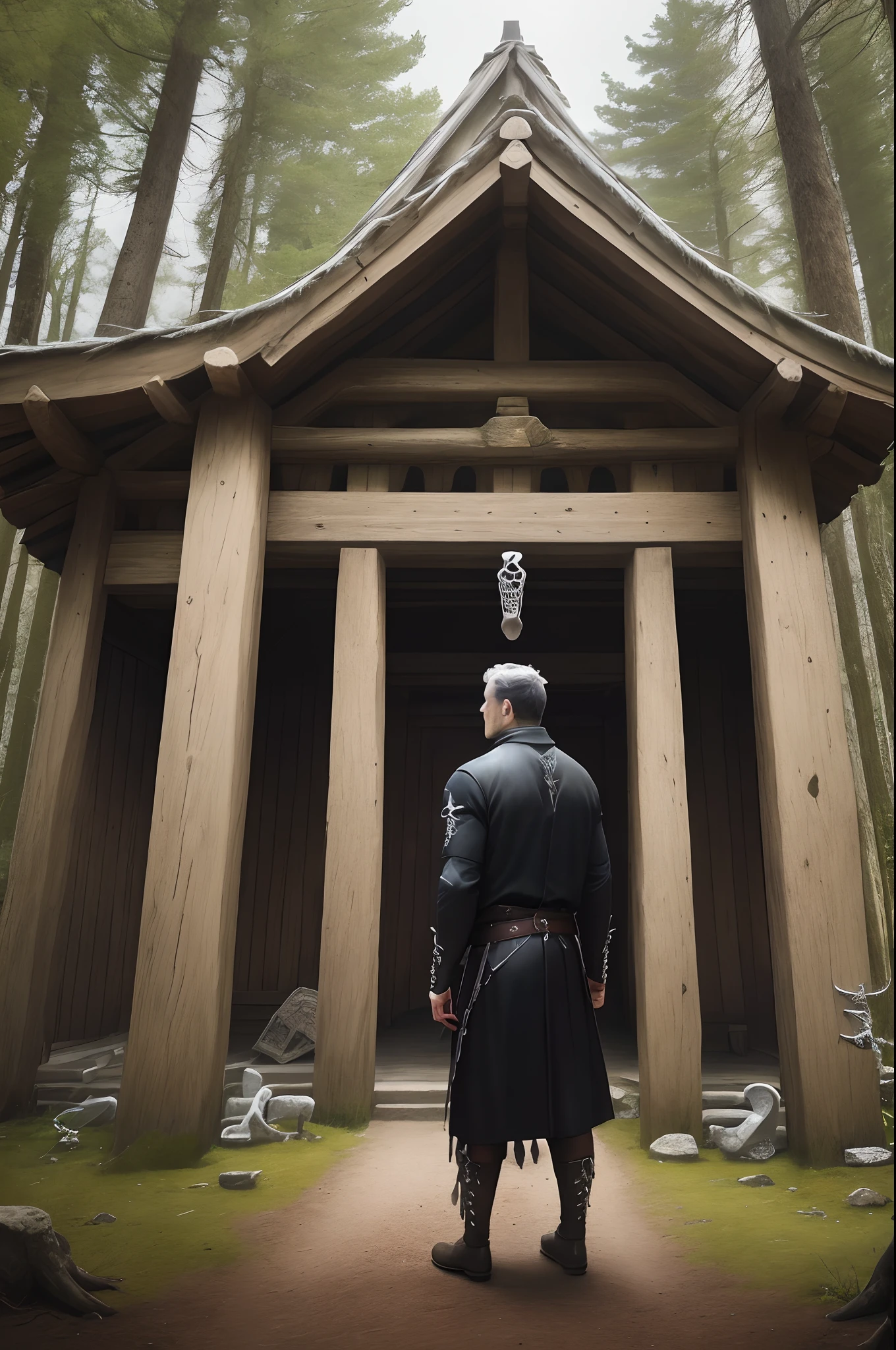 Actor Steven John Ward with six black sword-shaped bones sticking out of his back, background of an ancient lodge in the woods