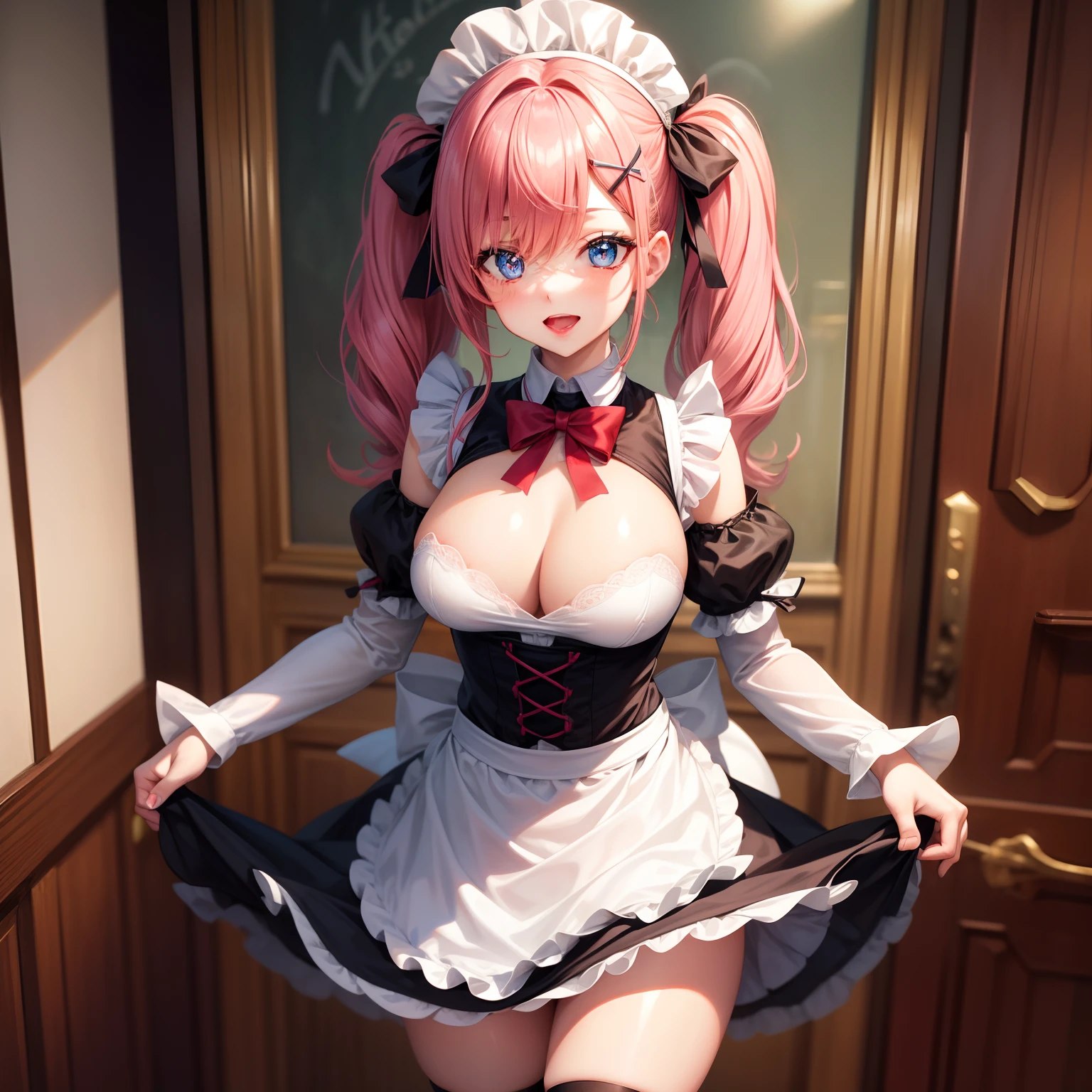 high-level image quality，hightquality，top-quality，1girl in, Roswaal Mansion Maid Uniform, Remu (Re:Staynight), Colossal tits, Pink hair, Solo, Hair over one eye, Blue eyes, Twin tail hair, maid, cleavage, Hair Ornament, X Hair Ornament, Looking at Viewer, Skin-see-through detached sleeves, Short skirt with sheer skin,Facial expressions inviting a man, Open mouth, bow ribbon, Pink ribbon, Hair Ribbon, an extremely beautiful -yeld gi (kawaii:1.2),A smile that invites a man, (blue eyess),(Red hair),(bangss),（Twin-tailed），perfect glossy skin,flawless skin,((erotick,Sexy and sexually explicit)),((accurate hands without incongruity)), Burst breasts,Open chest,big breasts thin waist, Look at viewers