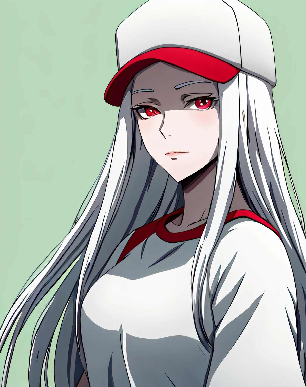 castlevania style, masterpiece, best quality, 1girl, red eyes, baseball cap, white hair, closed mouth, green background, hat, looking at viewer, shirt, long hair, simple background, solo, upper body, white shirt