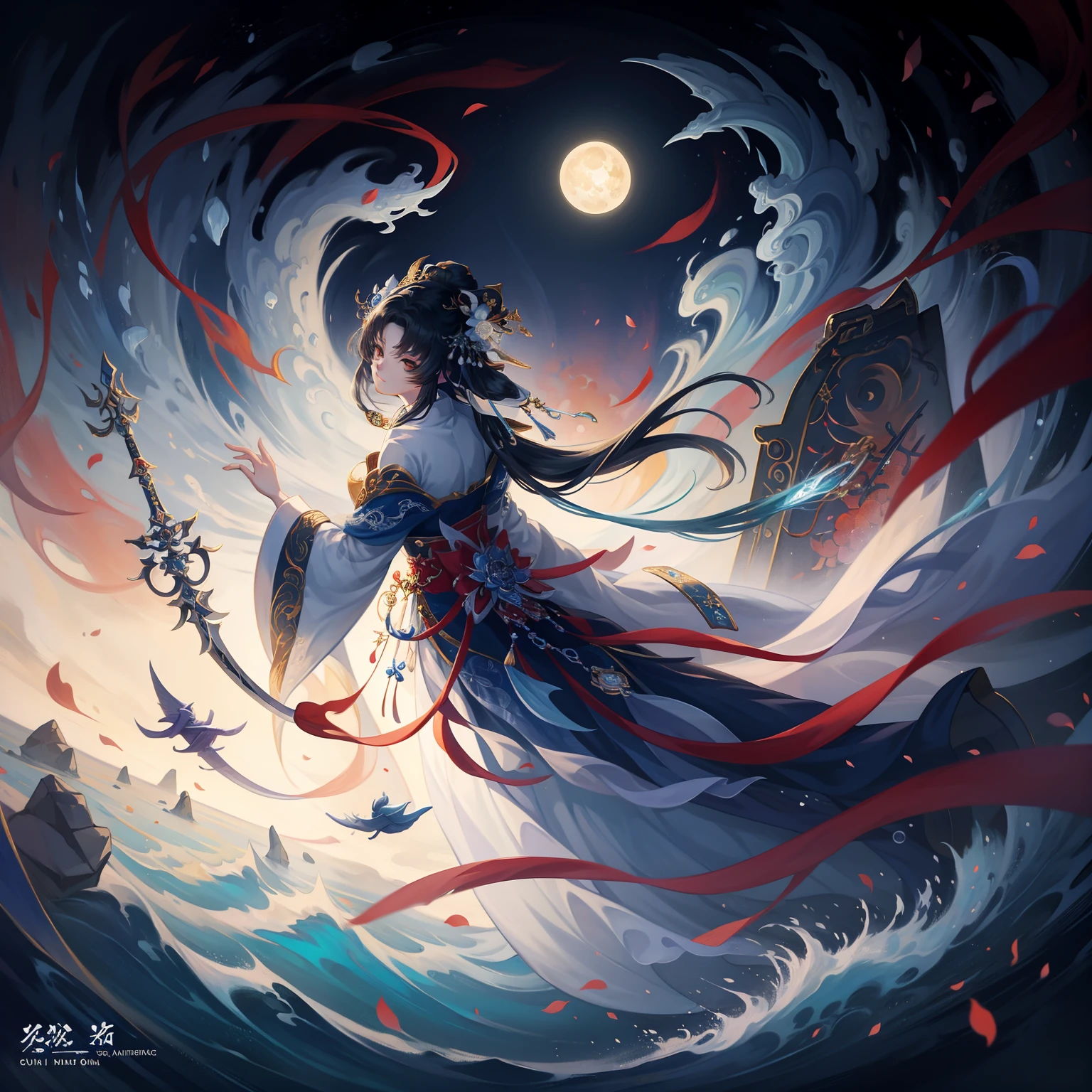 offcial art，Extremely detailed，Anime girl with sword and moon in background, lunar themed attire, lunar goddess, Goddess of the moon, trending on cgstation, Onmyoji detailed art, xianxia fantasy, lunar goddess, queen of the sea mu yanling, Beautiful celestial mage, heise jinyao, inspired by Luo Mu, G Liulian art style
