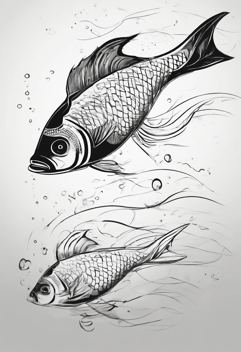 Black and white fish,Exaggerated swimming posture,ink wash style