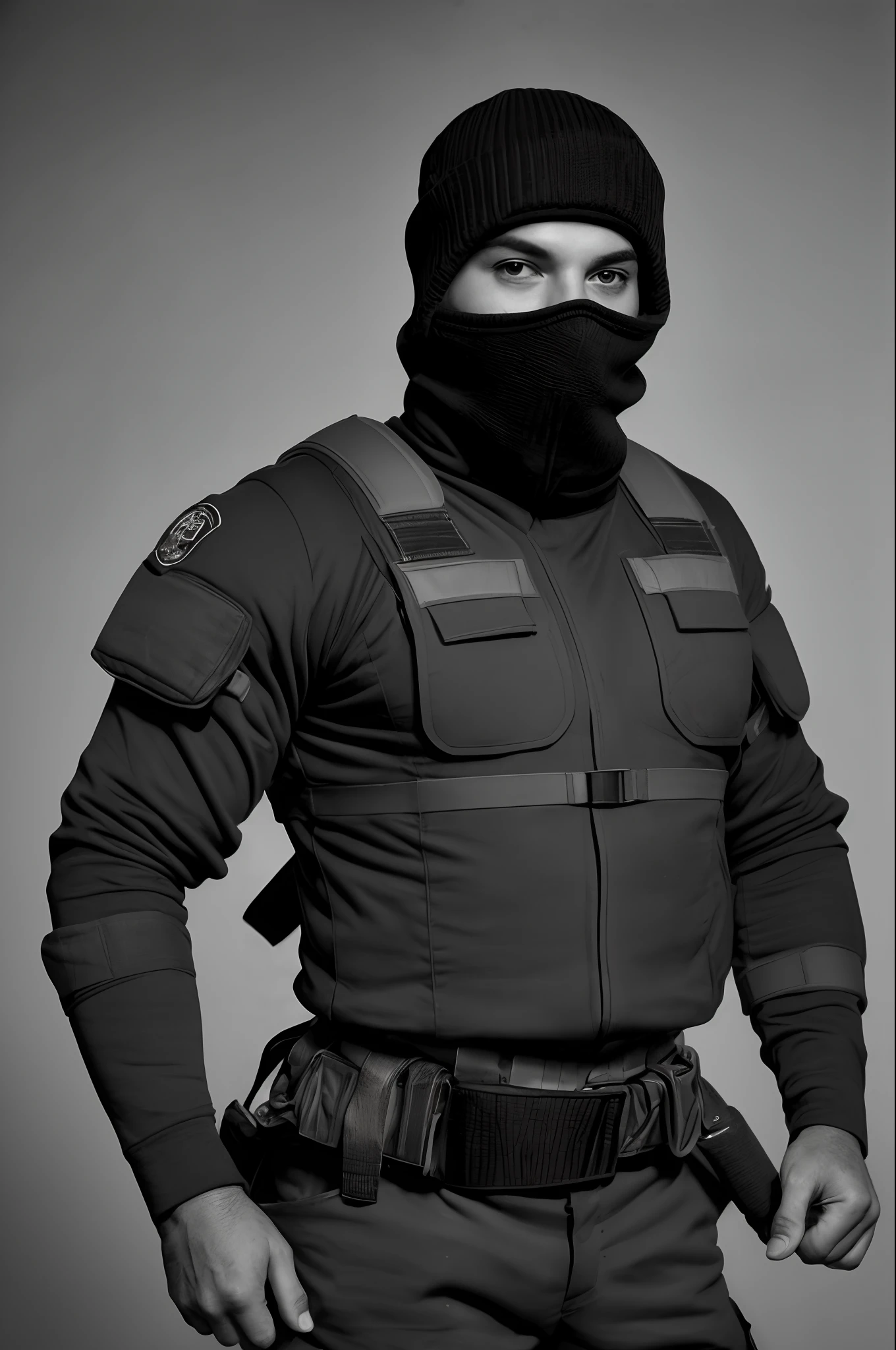 Homem fardado de balaclava e equipamentos militares forte e musculoso, cinematic a black and white image