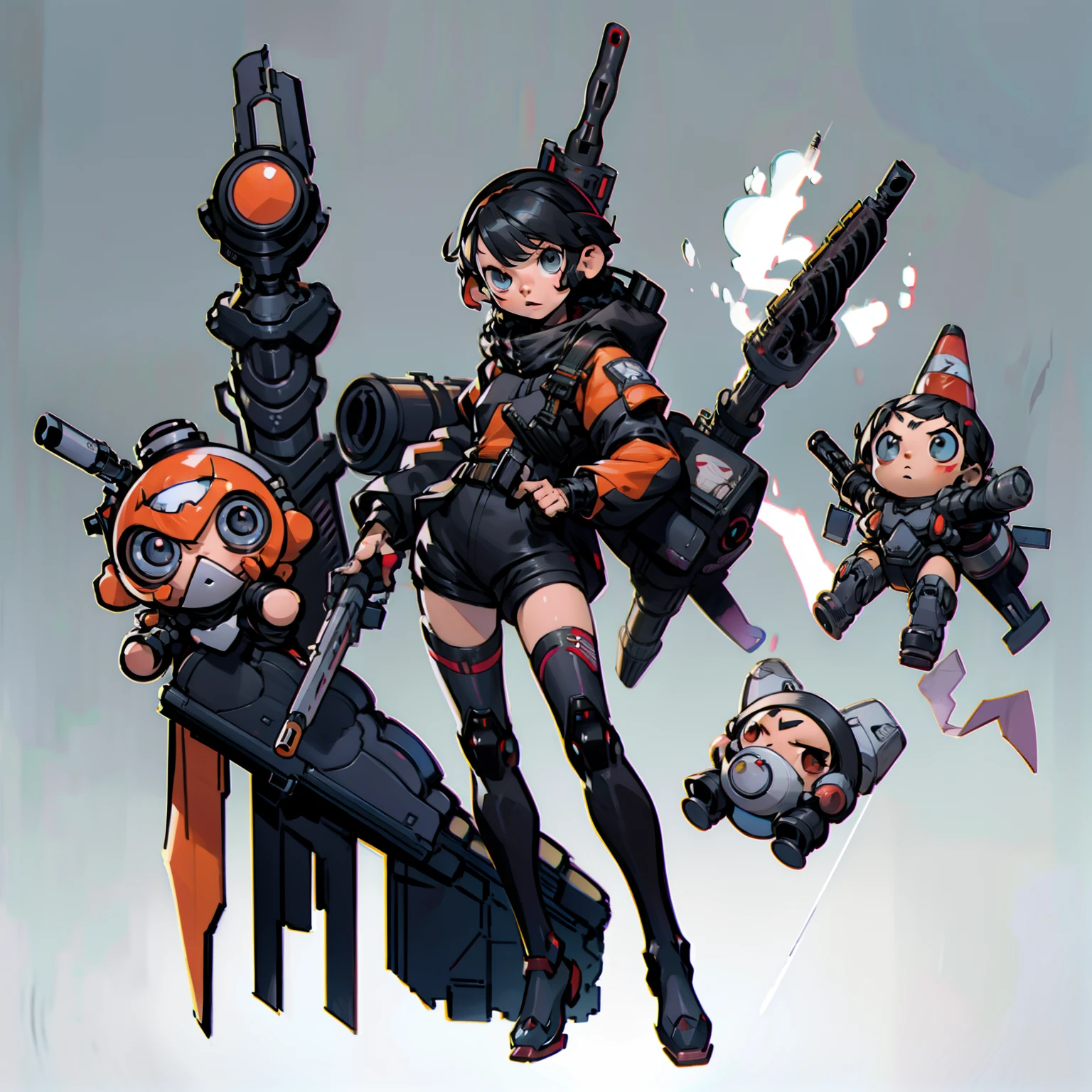 masutepiece, Best Quality, Full body shot, No background, White background, Black robot girl, Chibi, sniper rifle, rocket launcher, machine-gun