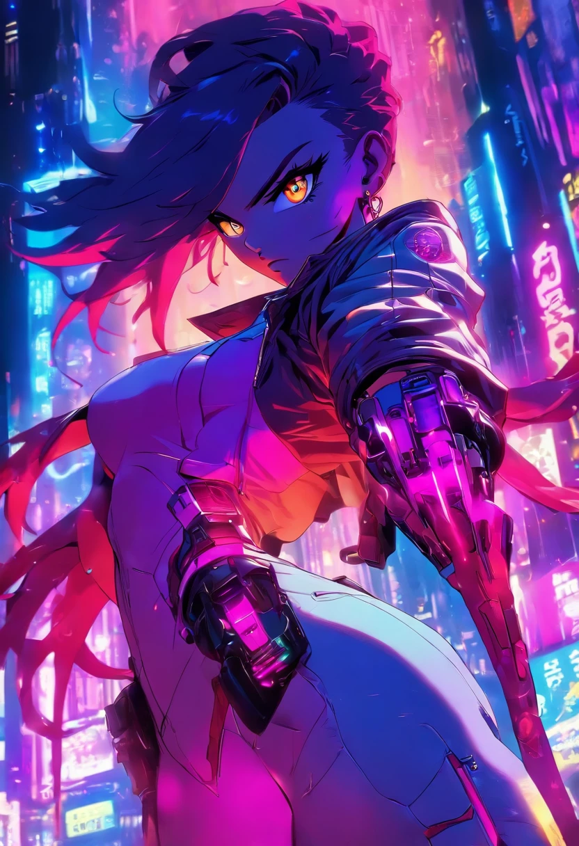 hindquarters, , bubble butts, Elastic docking, (Rear butt view:1.4),(intense colors:1.5),close up, Game cover art, 4K, Incredible art, Best Quality, gigantic cleavage breasts,masutepiece, (A MILF:1.2),(Curve:1.3),(setting up:1.4), (Juicy Carmelt:1.3),30-years old,large boob, (masutepiece), (Realistic), (Best Quality), (Ultra-detailed), amazing,Dystopian futuristic female cyborg detective, Wearing a leather trench coat, Holsters have cybernetic eyes and guns, Background is cityscape with flashing neon lights.