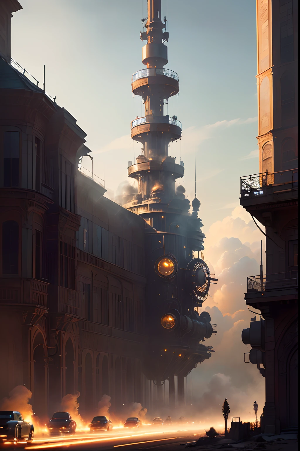 (((best quality))),(((ultra detailed))),(((masterpiece))), illustration,smoke filling the sky. Full shot photo of the most beautiful artwork in the world featuring steam punk steam vehicles, smoke-filled sky, intricate details, high resolution, trending on social media, Instagram-worthy, futuristic, industrial, mechanical, vintage, retro-futuristic, cyberpunk, trending on ArtStation, trending on CGSociety, sci-fi, adventure, mystery, excitement, trending on DeviantArt.