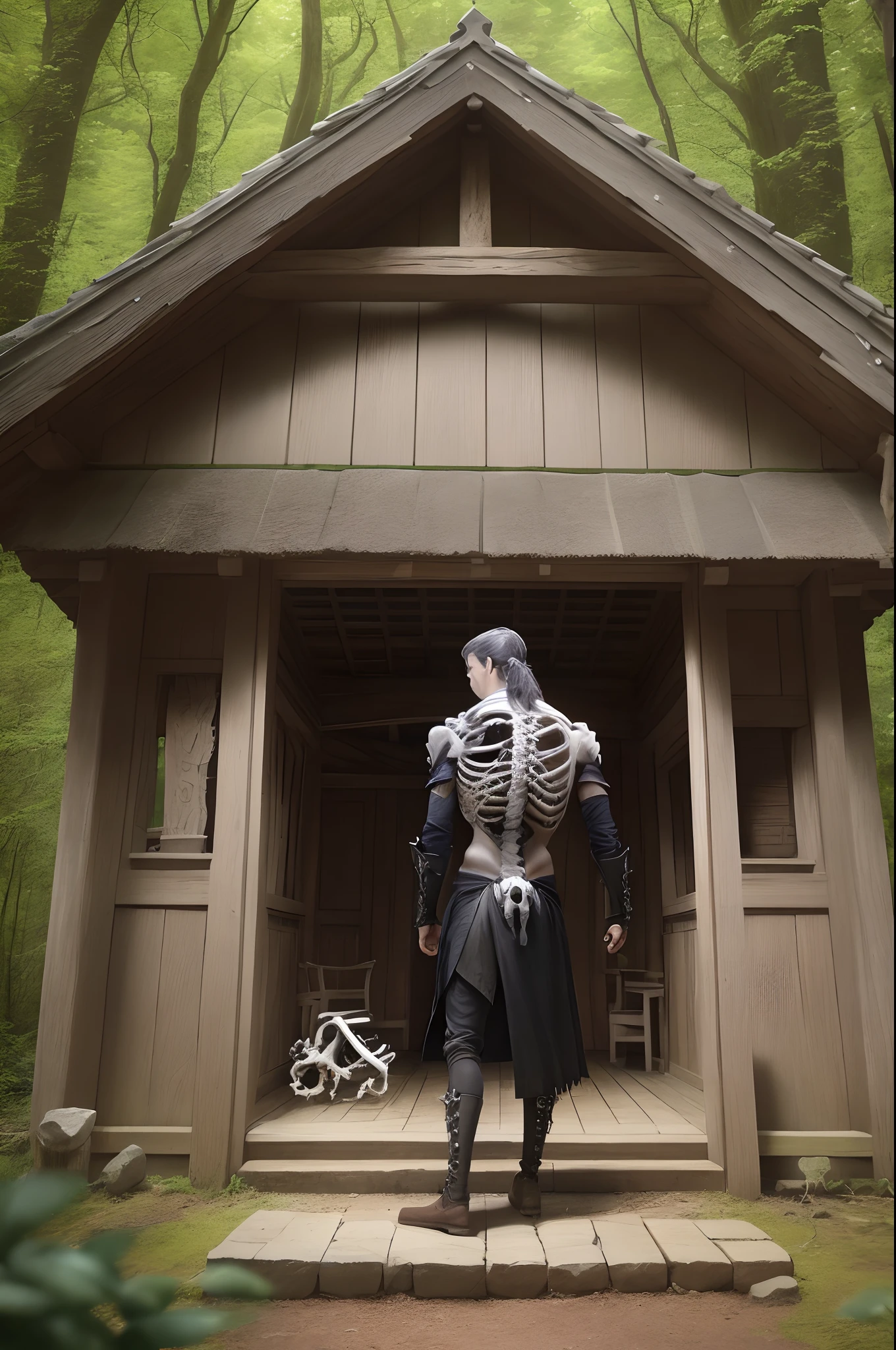 Actor Steven John Ward with six black sword-shaped bones sticking out of his back, background of an ancient lodge in the woods