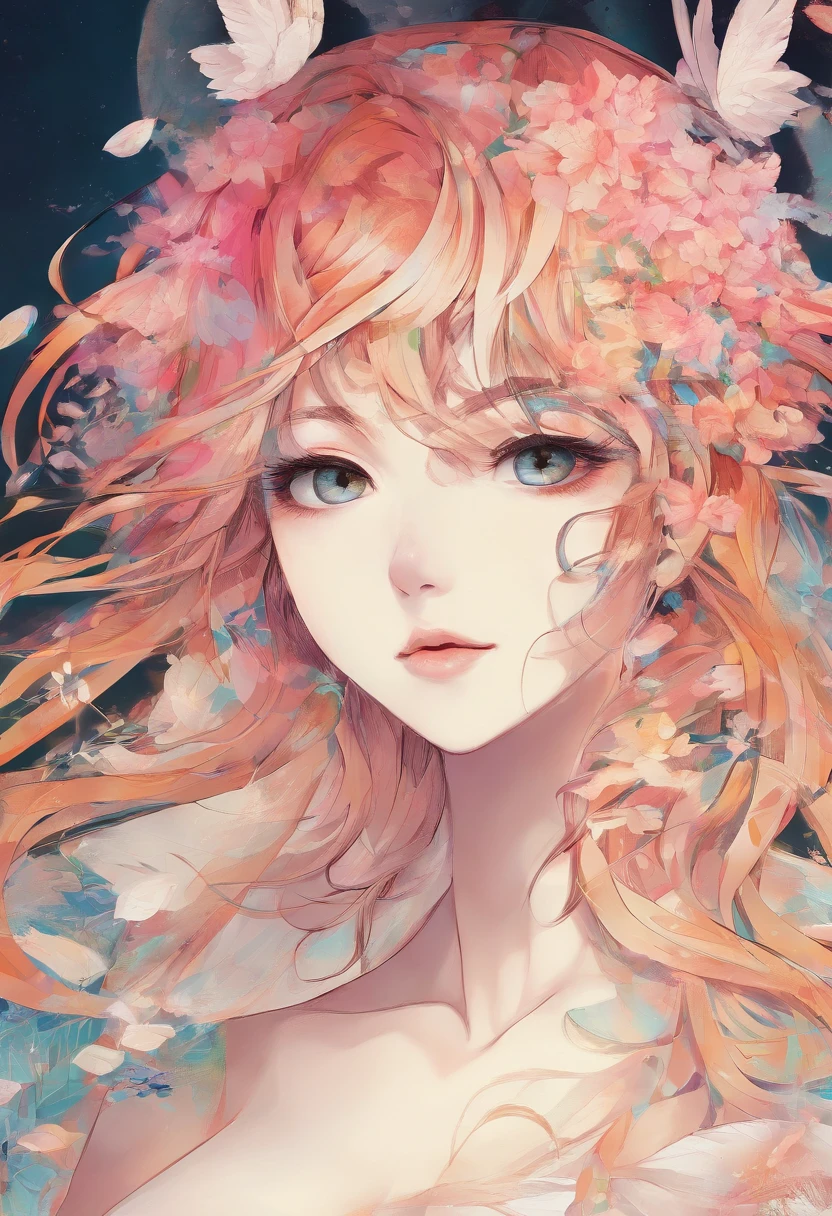 8k Highest quality Highest quality High resolution Floral decoration Mainly facial depictions Women feel moist and wet soft, Gentle smile pale colour Soft ink painting Fantasy Smooth, Thin ink lines Gentle and delicate contours Orange and pale yellow hues Late summer The end of summer and a sexy smile